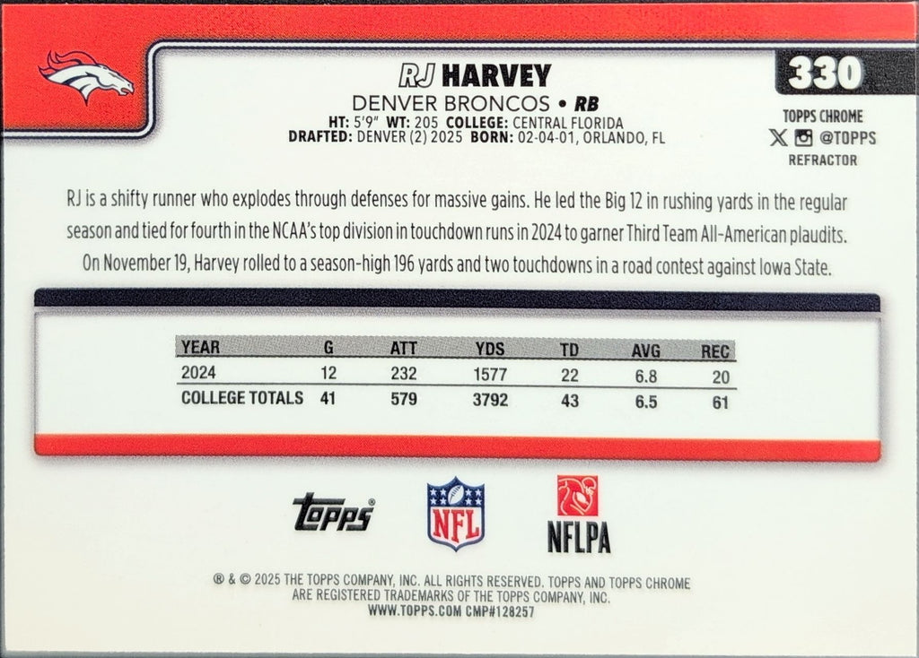2025 Topps Chrome RJ Harvey #330 Refractor RC Denver Broncos back