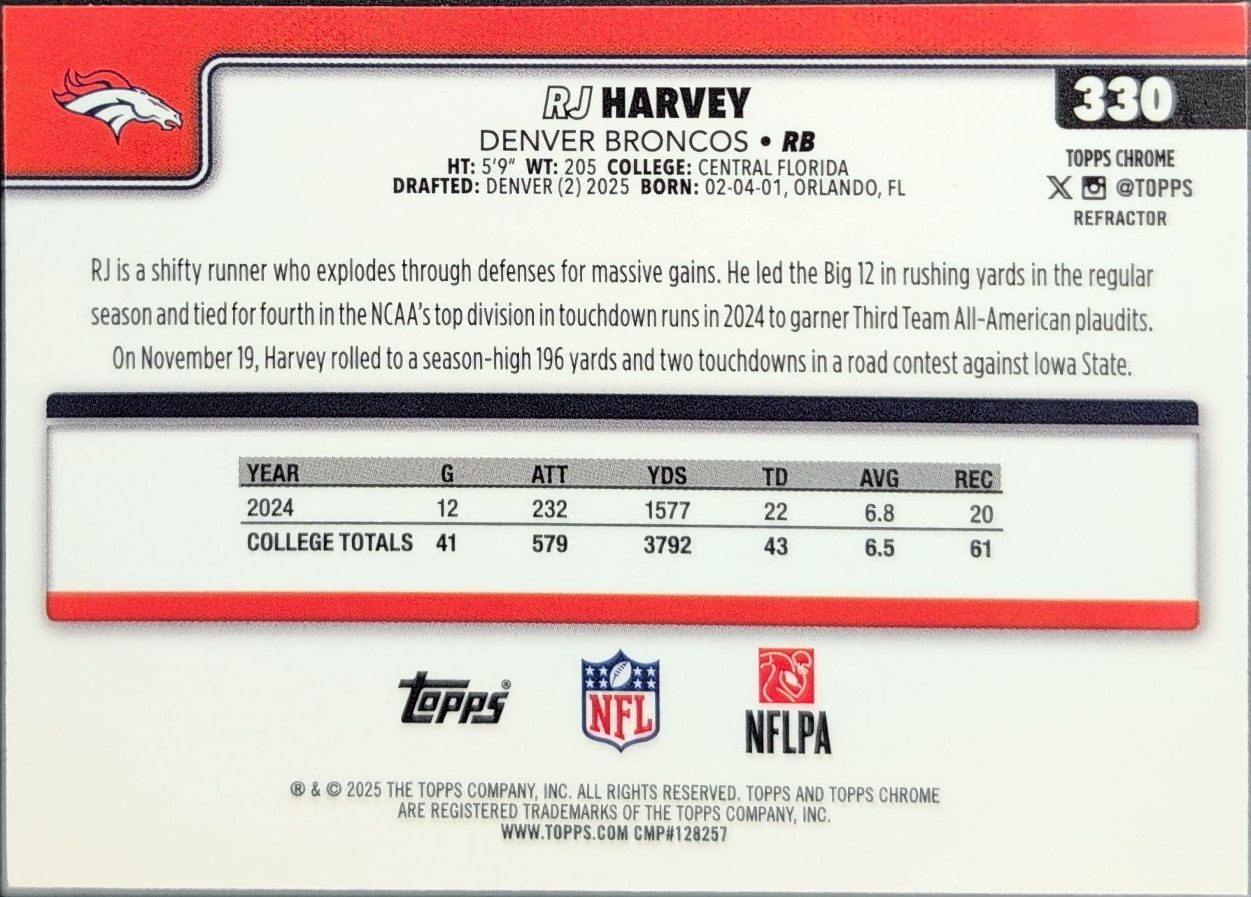 2025 Topps Chrome RJ Harvey #330 Refractor RC Denver Broncos back