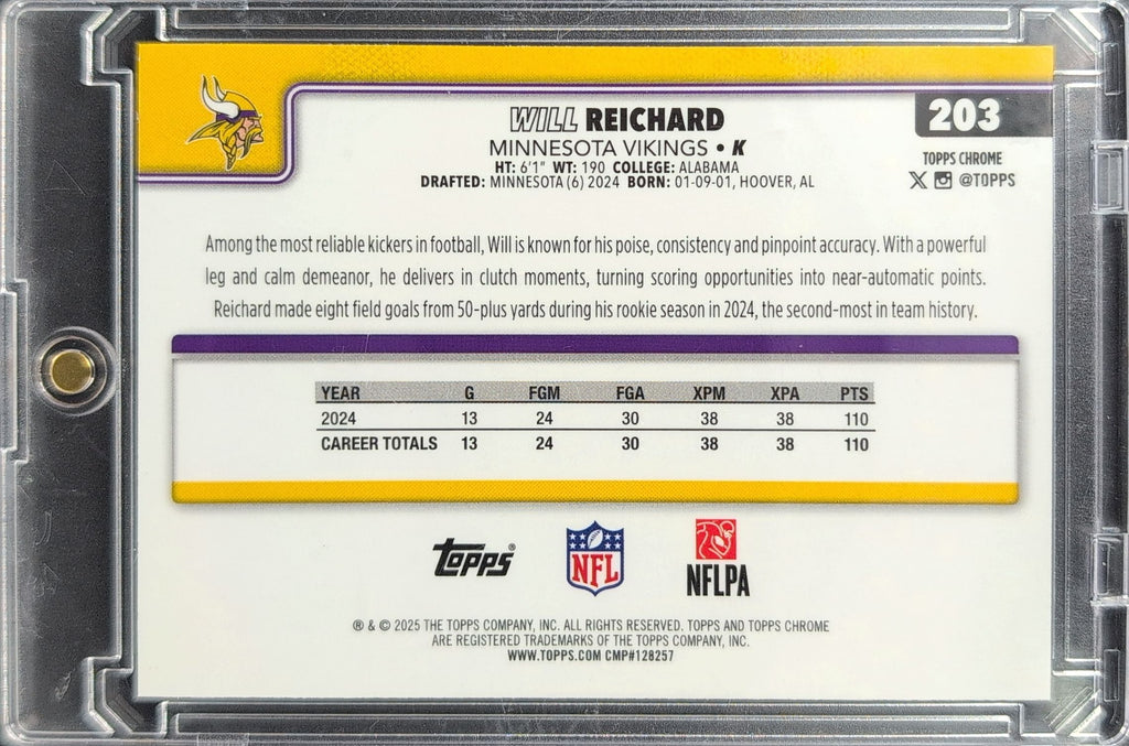 2025 Topps Chrome Will Reichard #203 Ray Wave Refractor Minnesota Vikings back