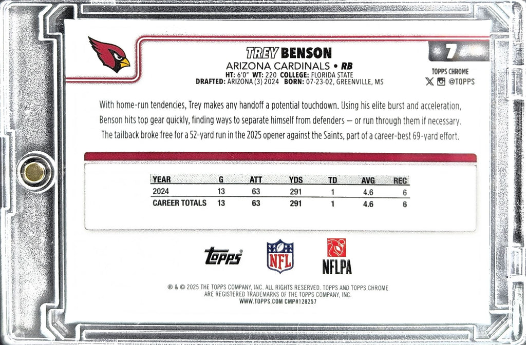 2025 Topps Chrome Trey Benson #7 Red White and Blue Refractor Arizona Cardinals back