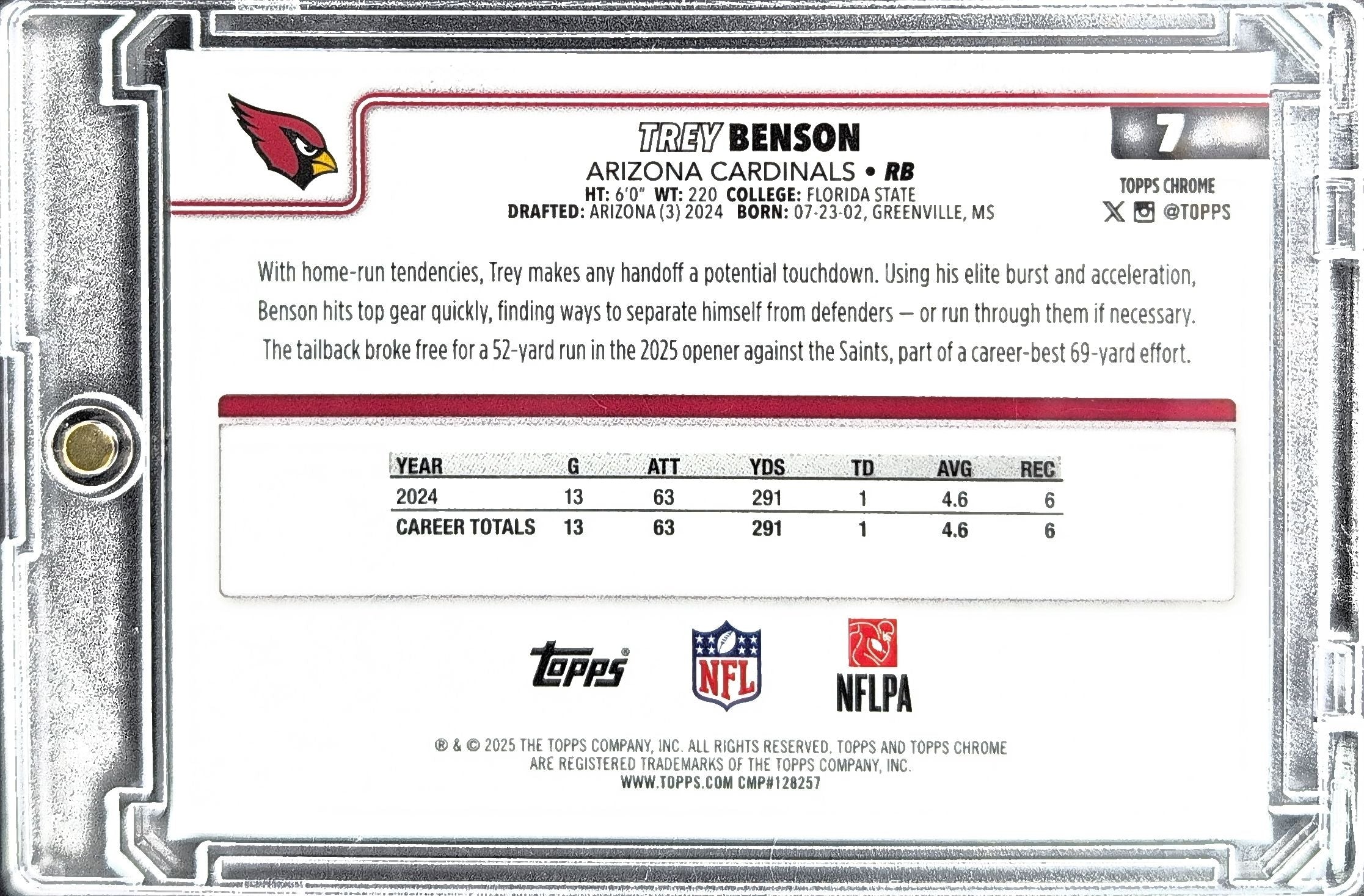 2025 Topps Chrome Trey Benson #7 Red White and Blue Refractor Arizona Cardinals back