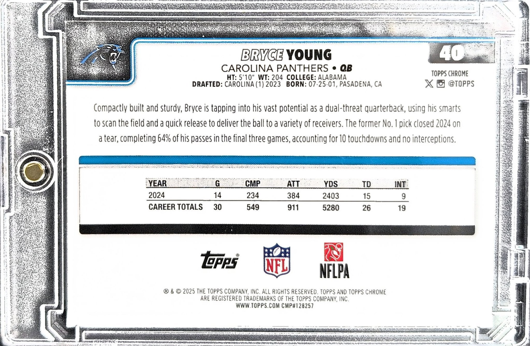 Bryce Young 2025 Topps Chrome #40 Ray Wave Refractor Carolina Panthers - back image