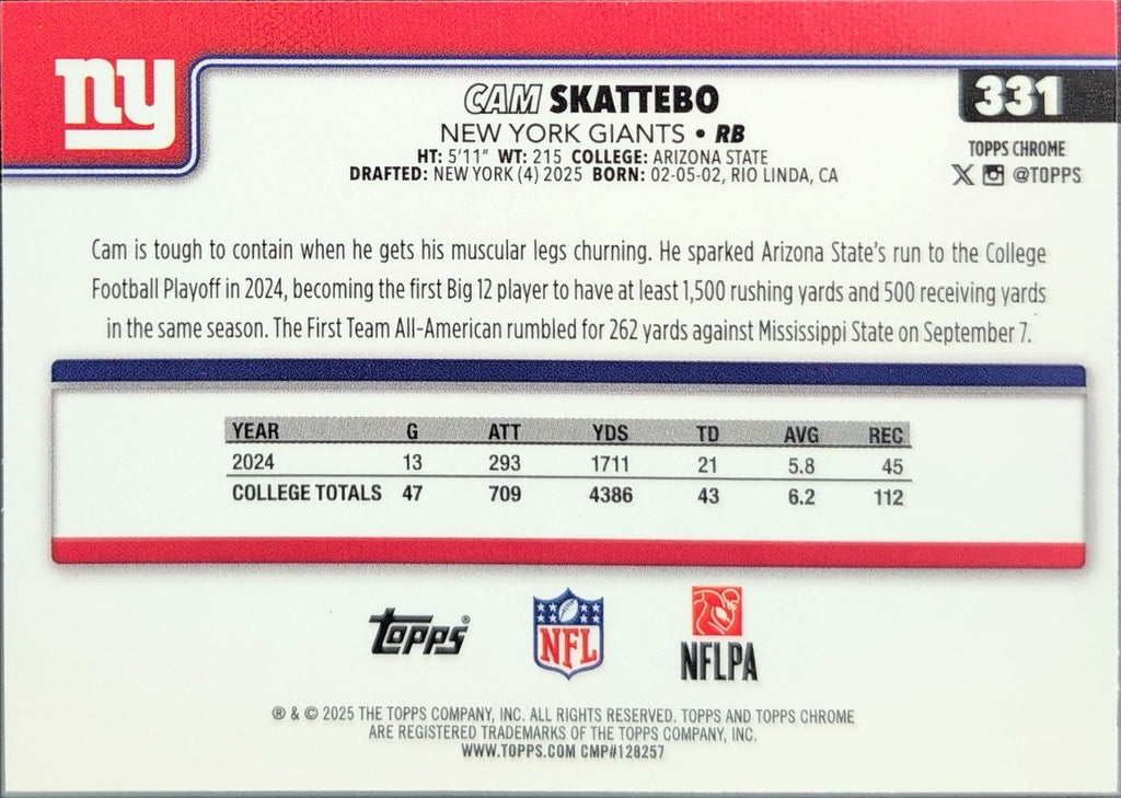 2025 Topps Chrome Cam Skattebo #331 RC New York Giants back