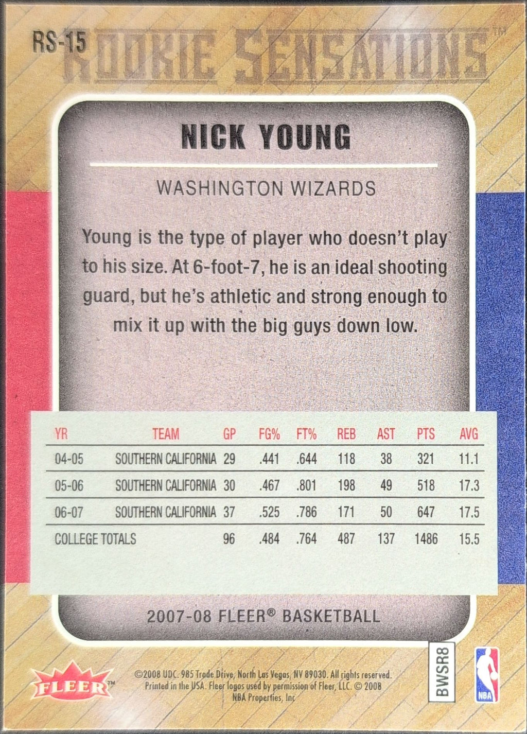 2007-08 Fleer Nick Young #RS-15 Rookie Sensations Washington Wizards back