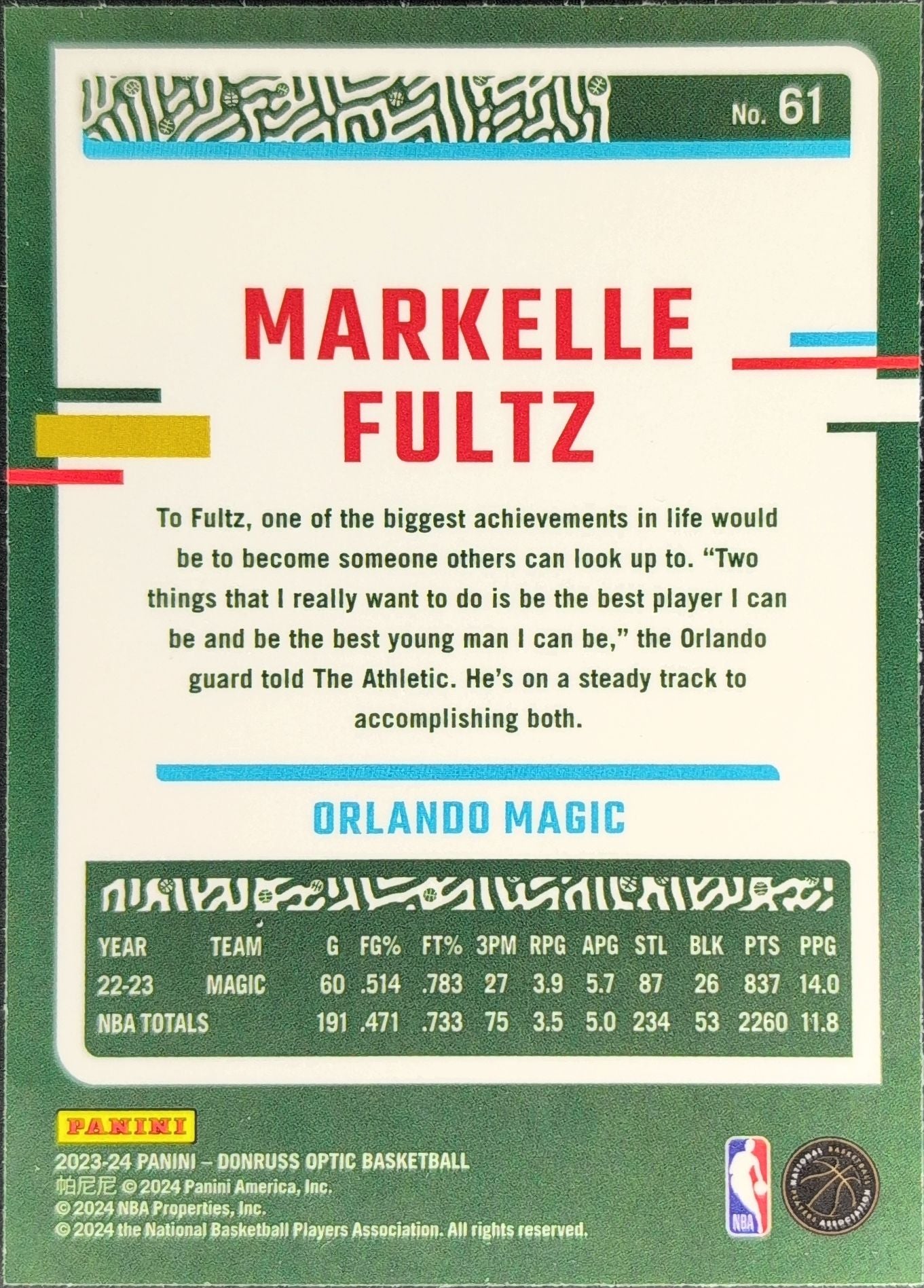 2023-24 Donruss Optic Markelle Fultz #61 Orlando Magic back