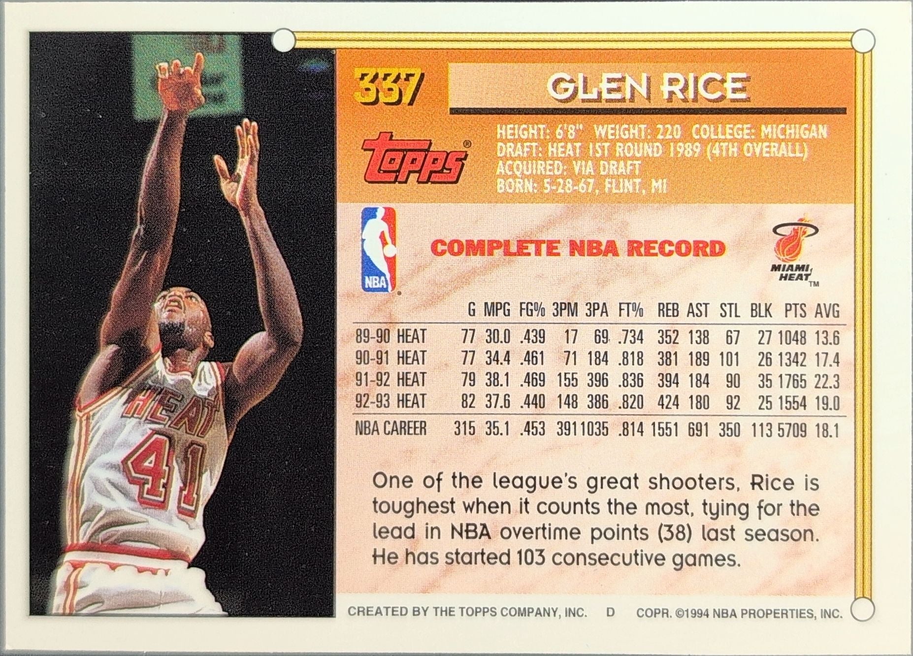 1993-94 Topps Glen Rice #337 Miami Heat back