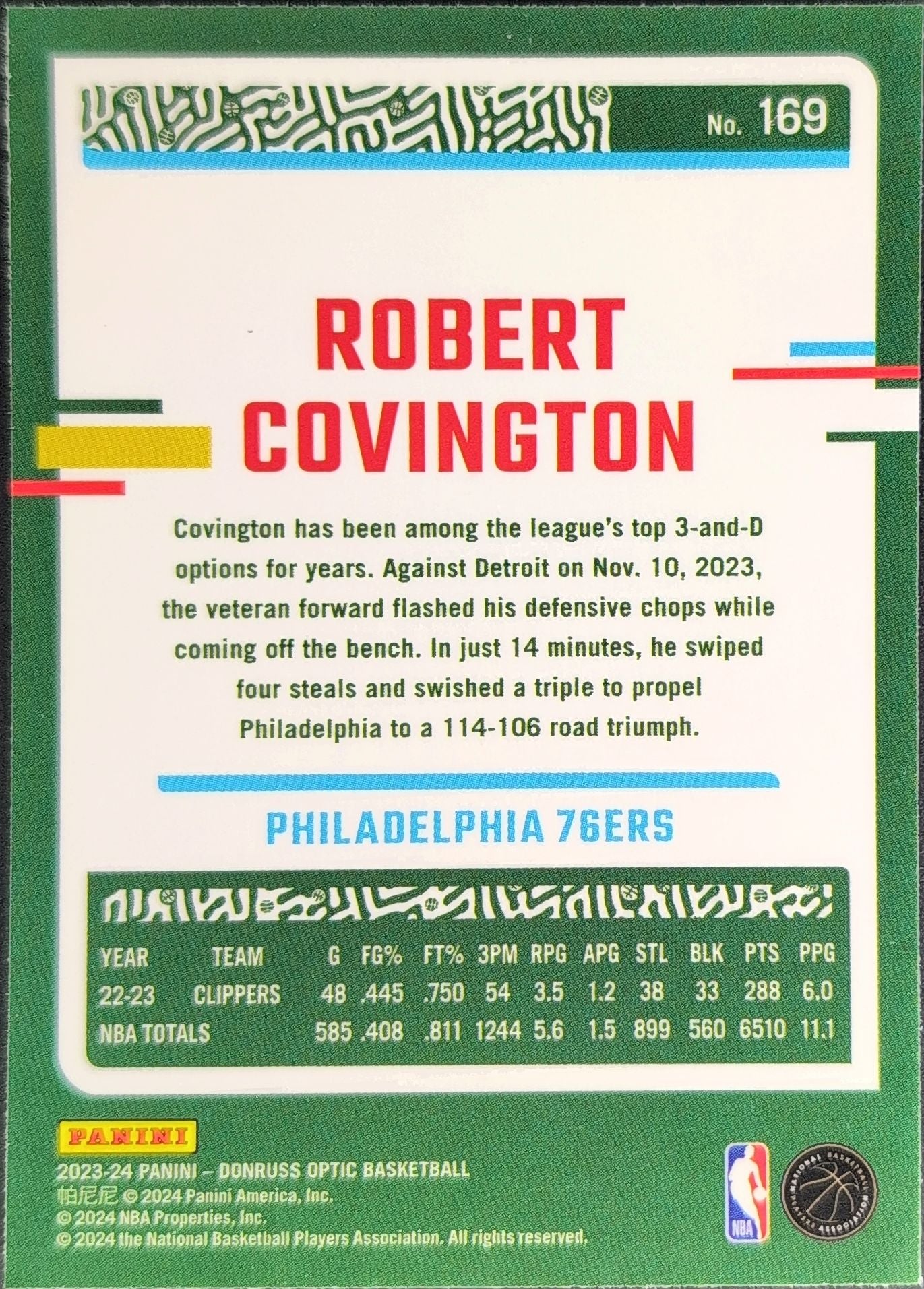 2023-24 Donruss Optic Robert Covington #169 Philadelphia 76ers back