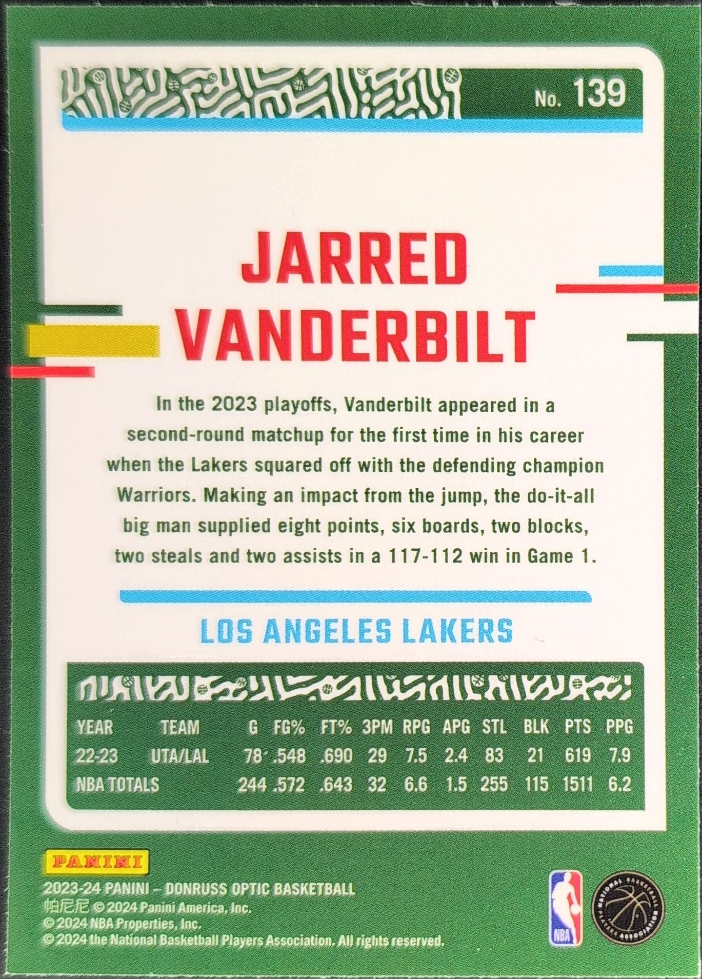 2023-24 Donruss Optic Jarred Vanderbilt #139 Los Angeles Lakers back