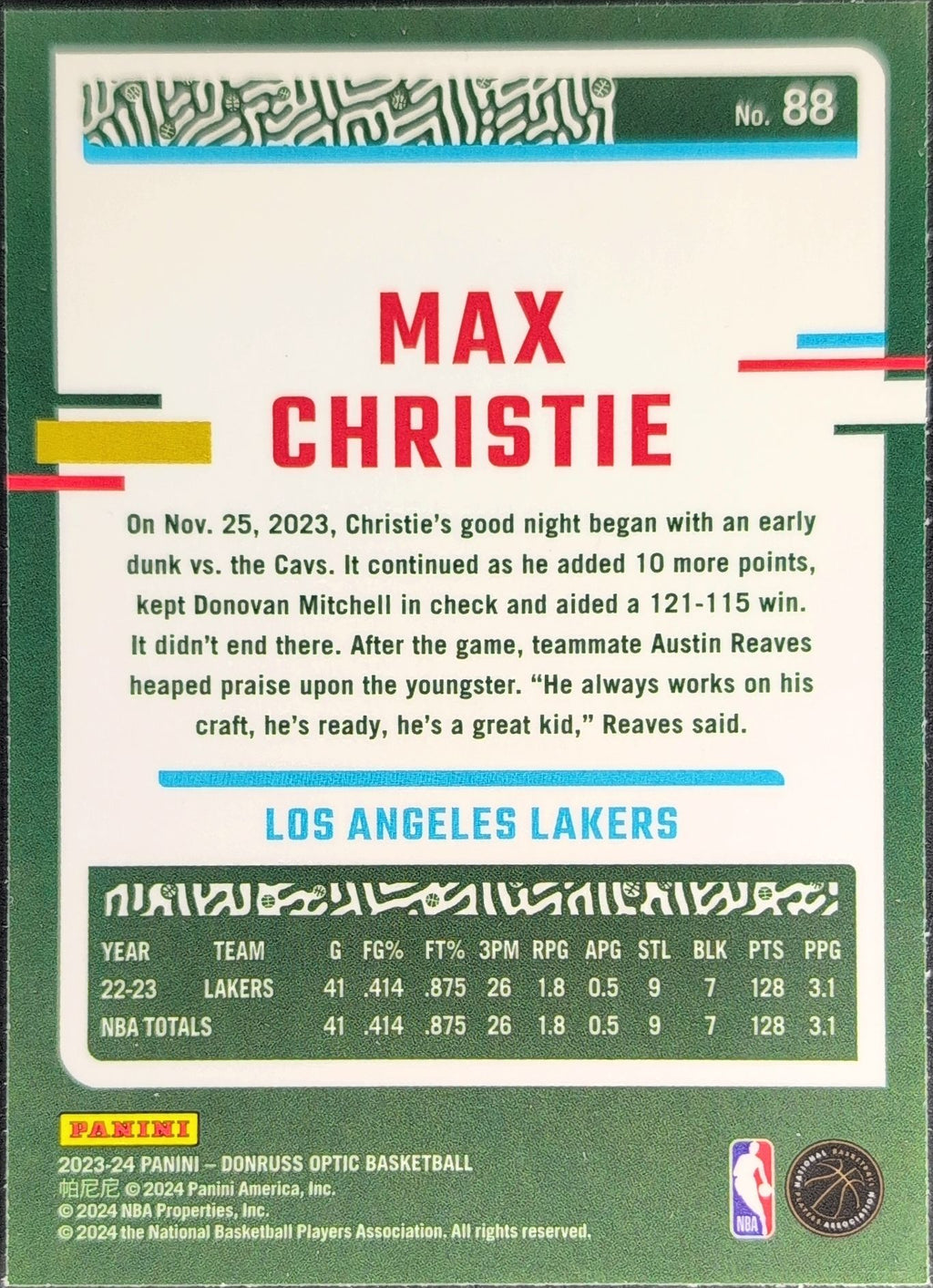 2023-24 Donruss Optic Max Christie #88 Los Angeles Lakers back
