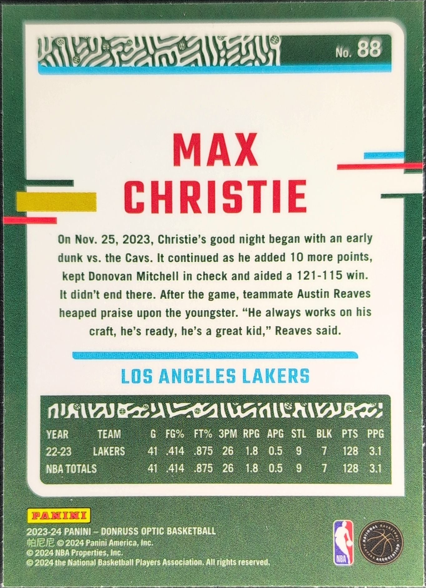 2023-24 Donruss Optic Max Christie #88 Los Angeles Lakers back
