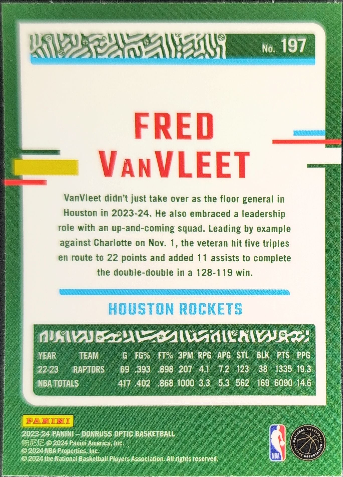 2023-24 Donruss Optic Fred VanVleet #197 Houston Rockets back
