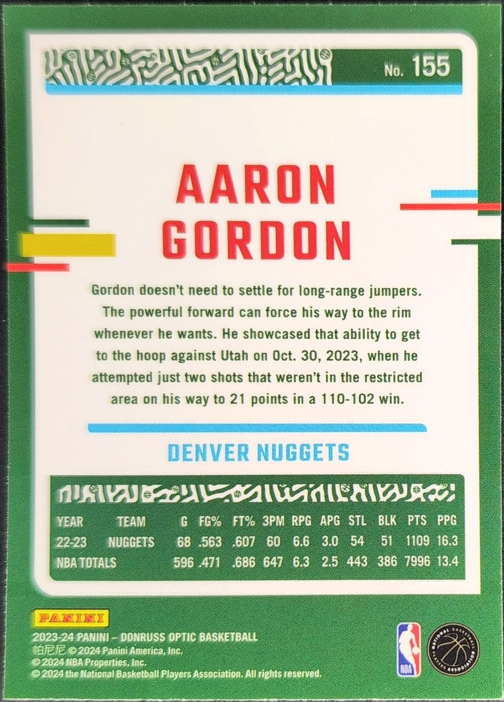 Aaron Gordon 2023-24 Donruss Optic #155 Denver Nuggets - back image