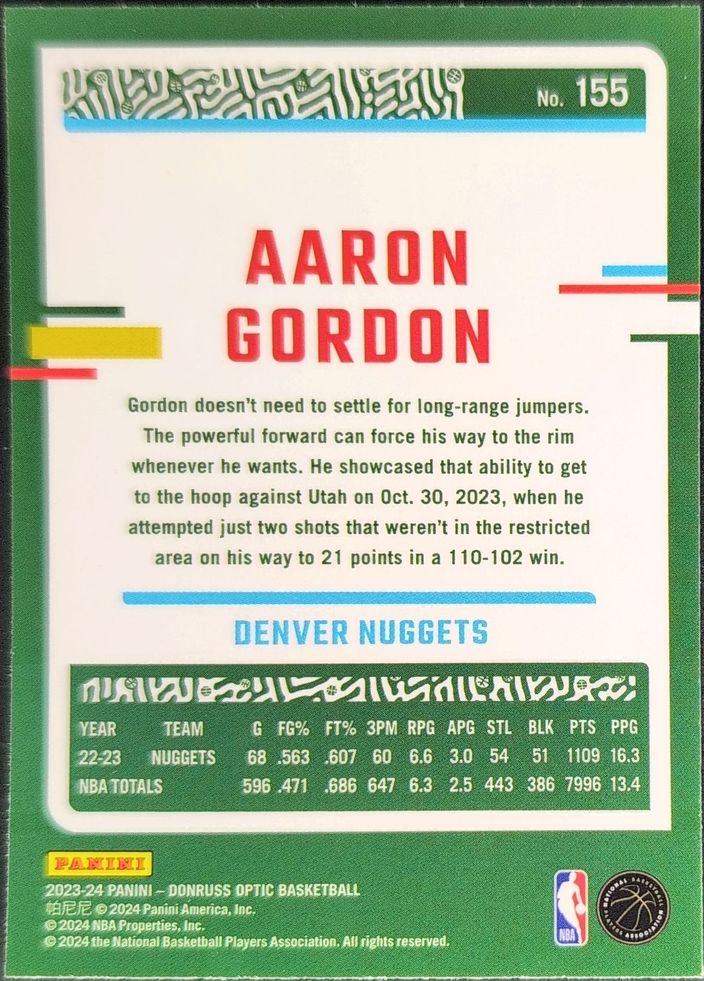 Aaron Gordon 2023-24 Donruss Optic #155 Denver Nuggets - back image