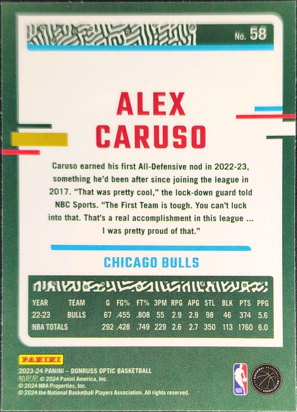 2023-24 Donruss Optic Alex Caruso #58 Chicago Bulls back