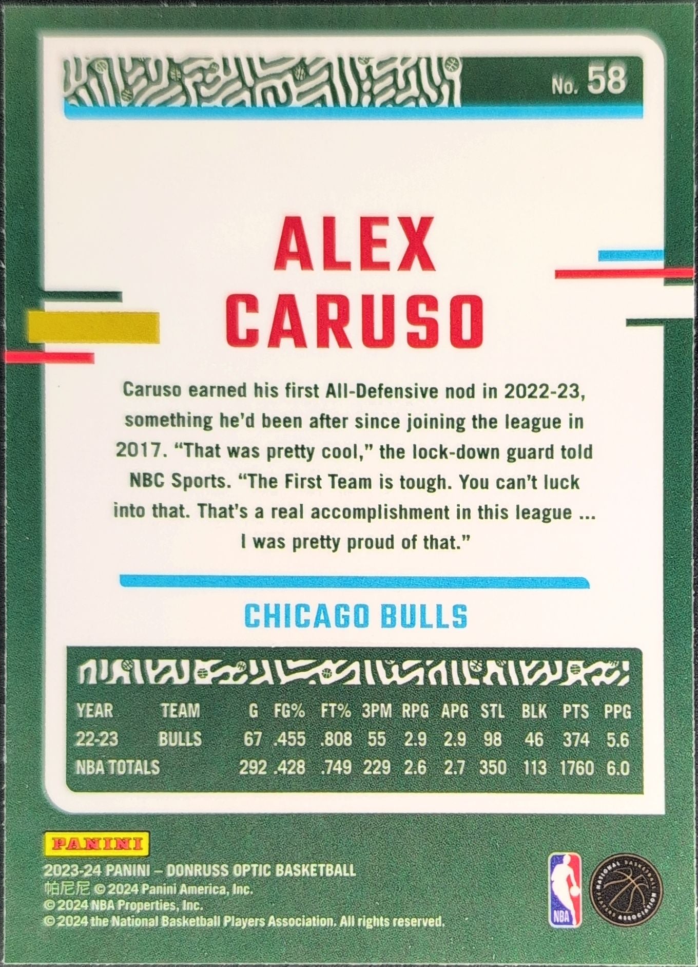 2023-24 Donruss Optic Alex Caruso #58 Chicago Bulls back