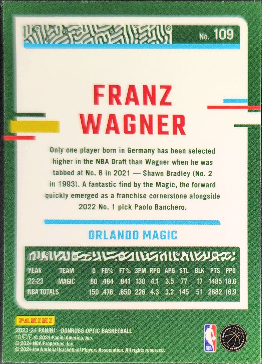 2023-24 Donruss Optic Franz Wagner #109 Orlando Magic back