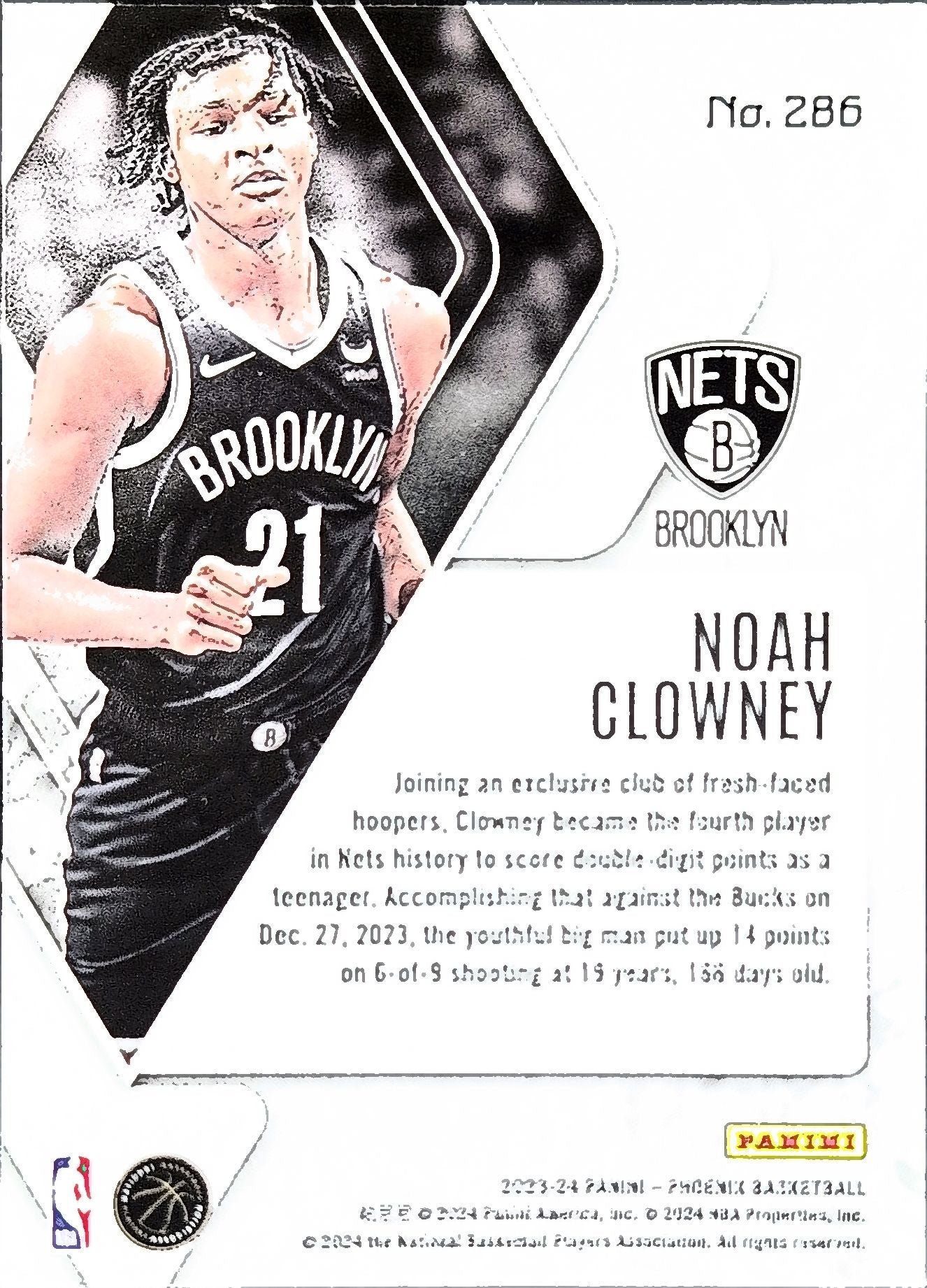 2023-24 Panini Phoenix Noah Clowney #286 RC Brooklyn Nets back