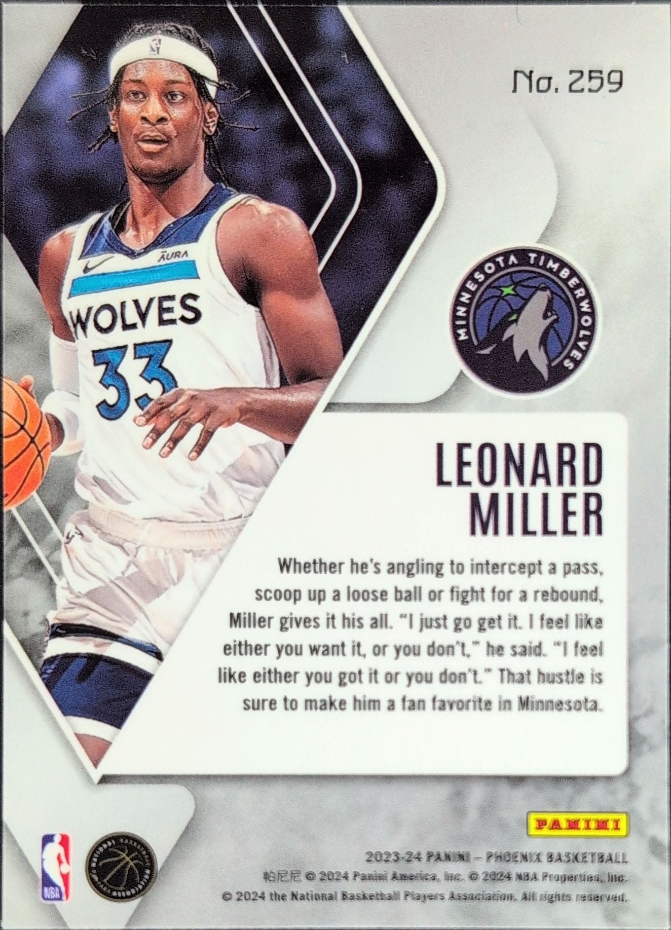 2023-24 Panini Phoenix Leonard Miller #259 RC Minnesota Timberwolves back
