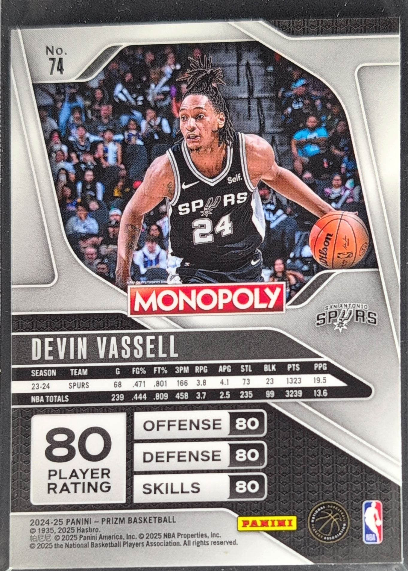 2024-25 Panini Prizm Monopoly Devin Vassell #74 San Antonio Spurs back