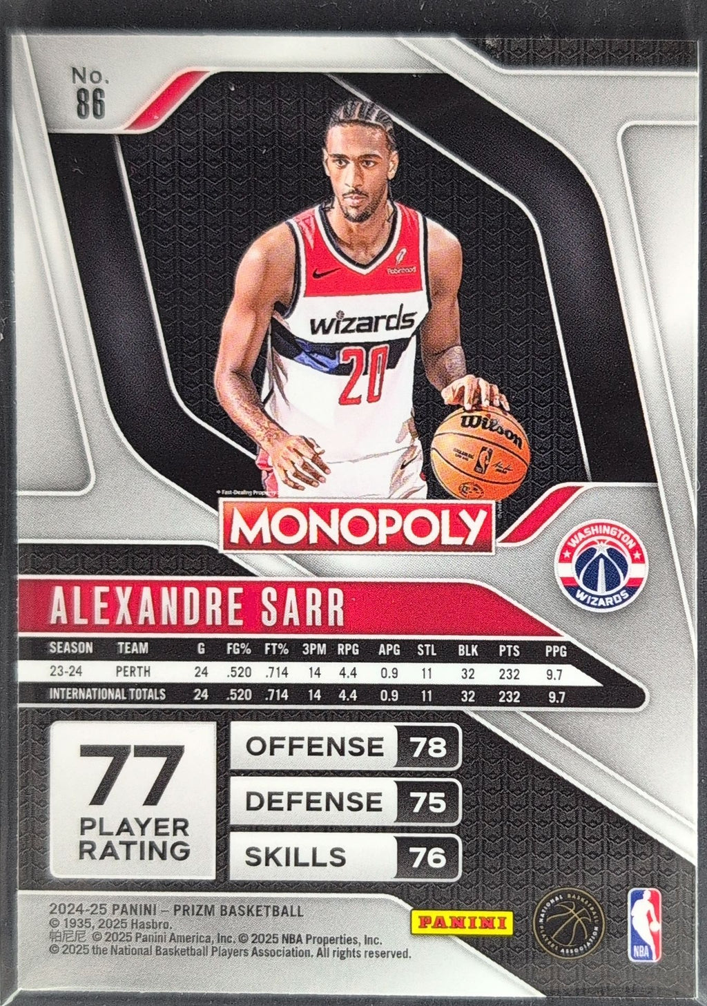 2024-25 Panini Prizm Monopoly Alexandre Sarr #86 RC Washington Wizards back