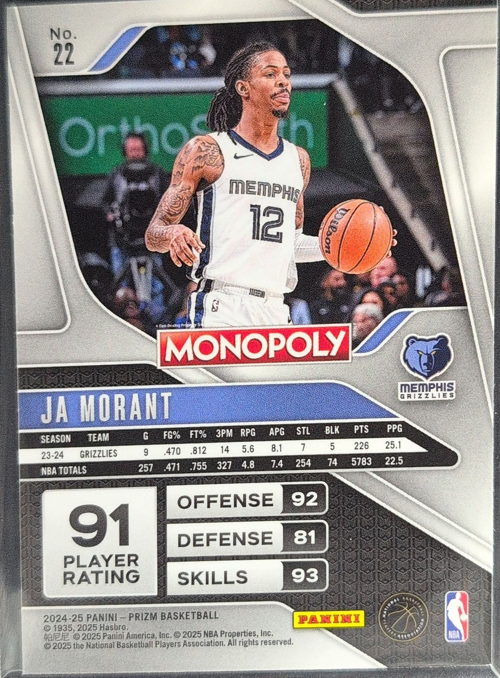 2024-25 Panini Prizm Monopoly Ja Morant #22 Memphis Grizzlies back