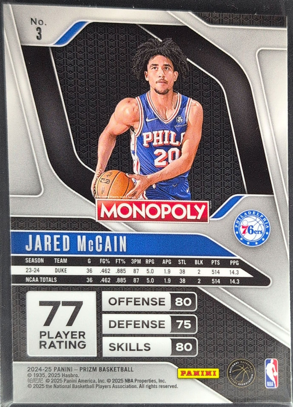 2024-25 Panini Prizm Monopoly Jared McCain #3 RC Philadelphia 76ers back