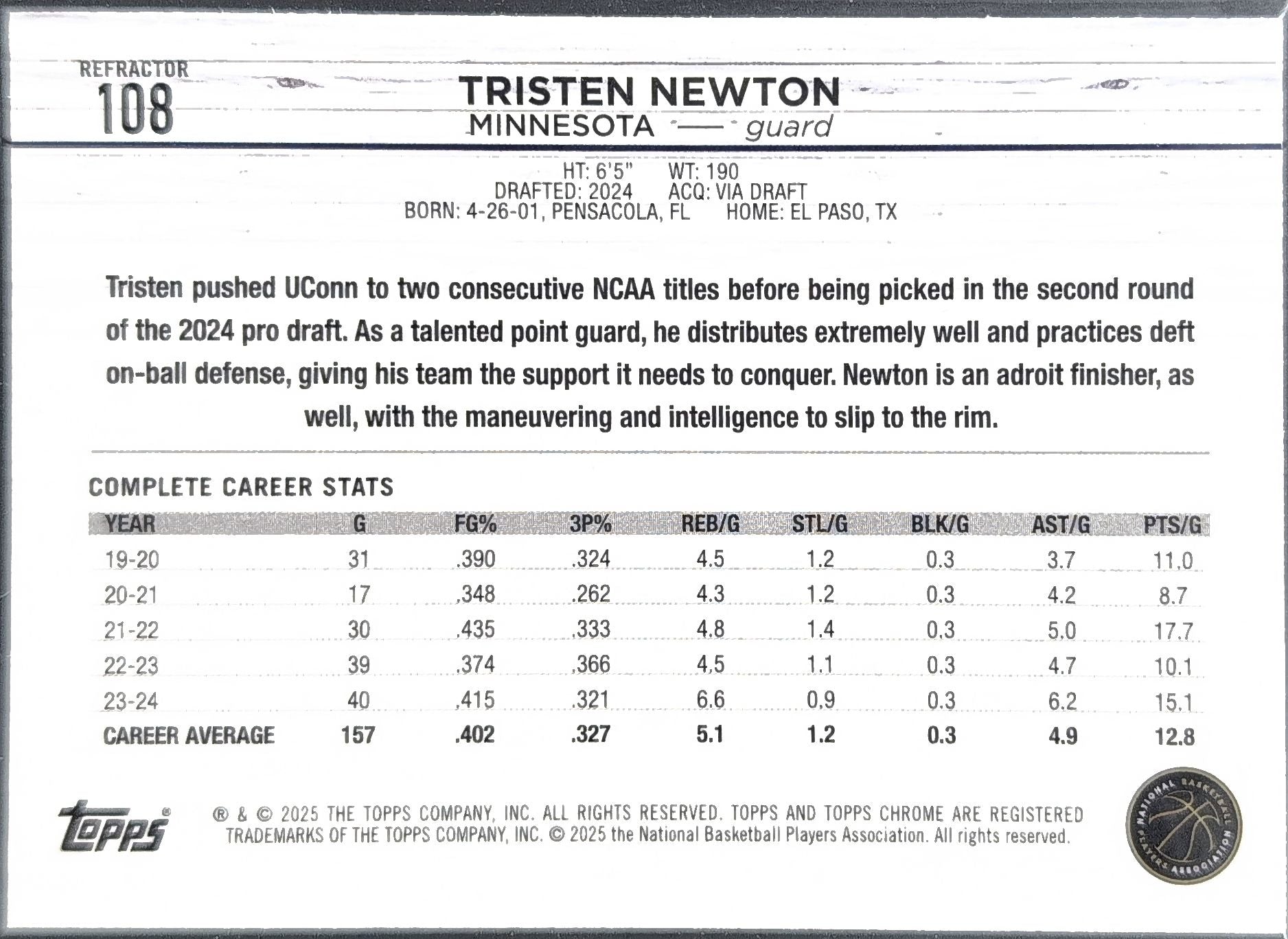 2024-25 Topps Chrome - Prism Refractor Tristen Newton #108 RC Minnesota Timberwolves back