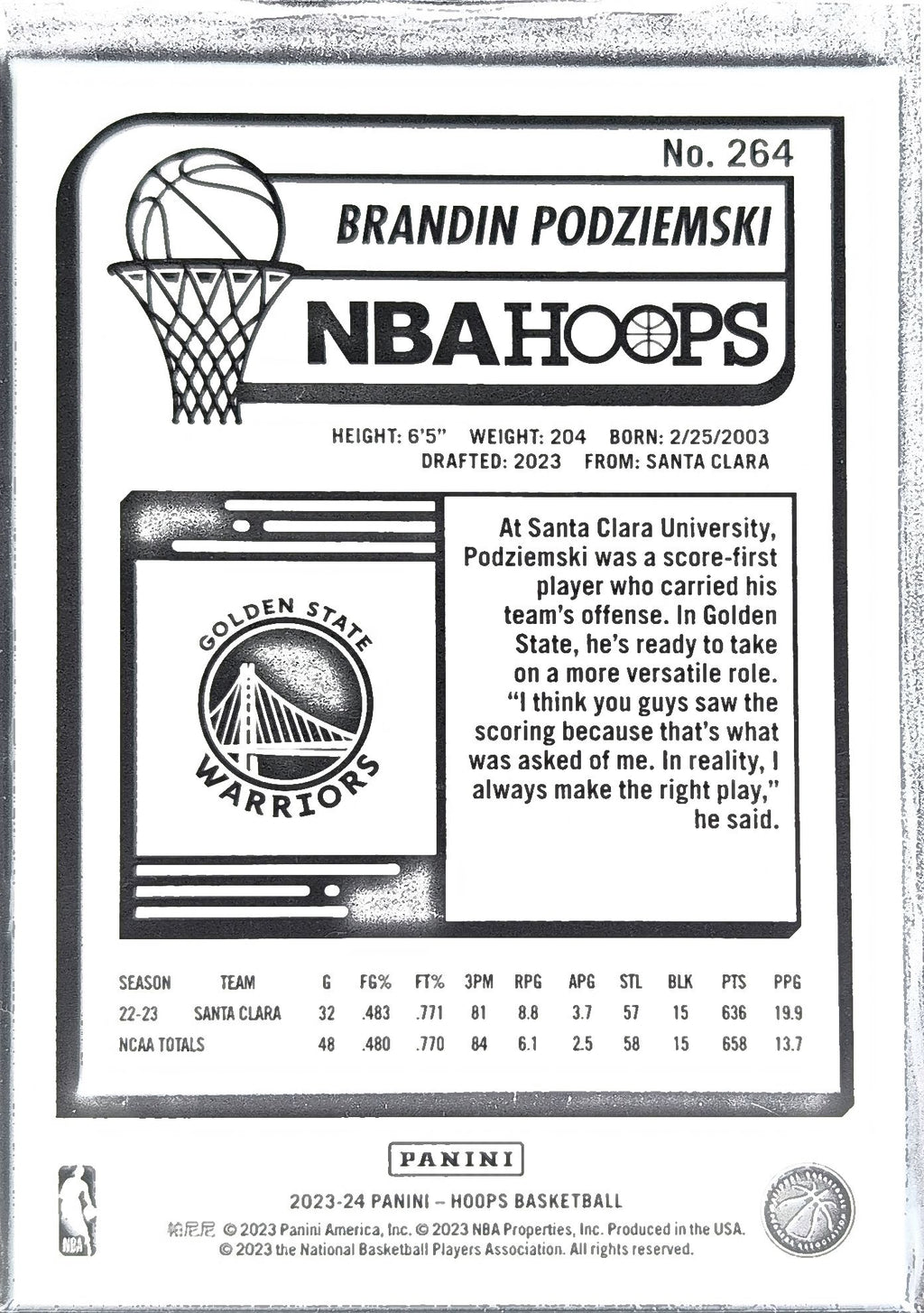 2023-24 Hoops Brandin Podziemski #264 RC Golden State Warriors back