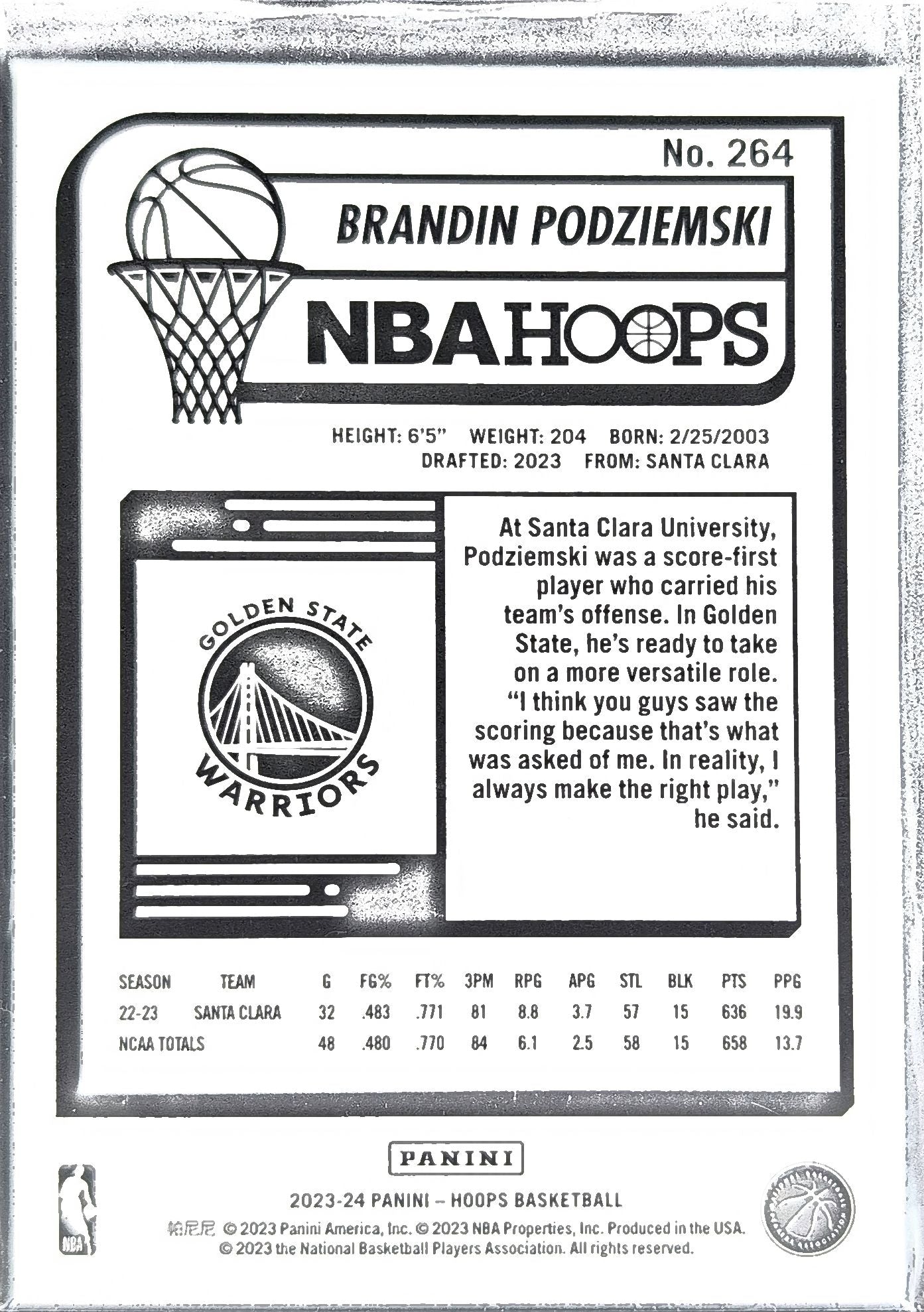 2023-24 Hoops Brandin Podziemski #264 RC Golden State Warriors back