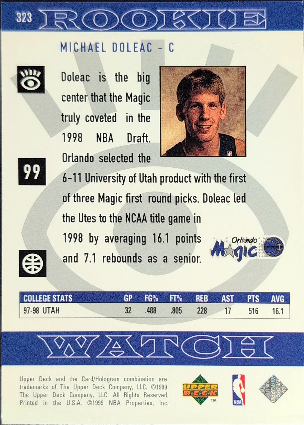 1998-99 Upper Deck Michael Doleac #323 RC Orlando Magic back