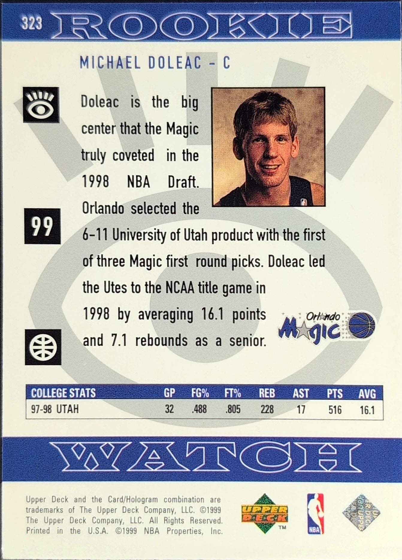 1998-99 Upper Deck Michael Doleac #323 RC Orlando Magic back