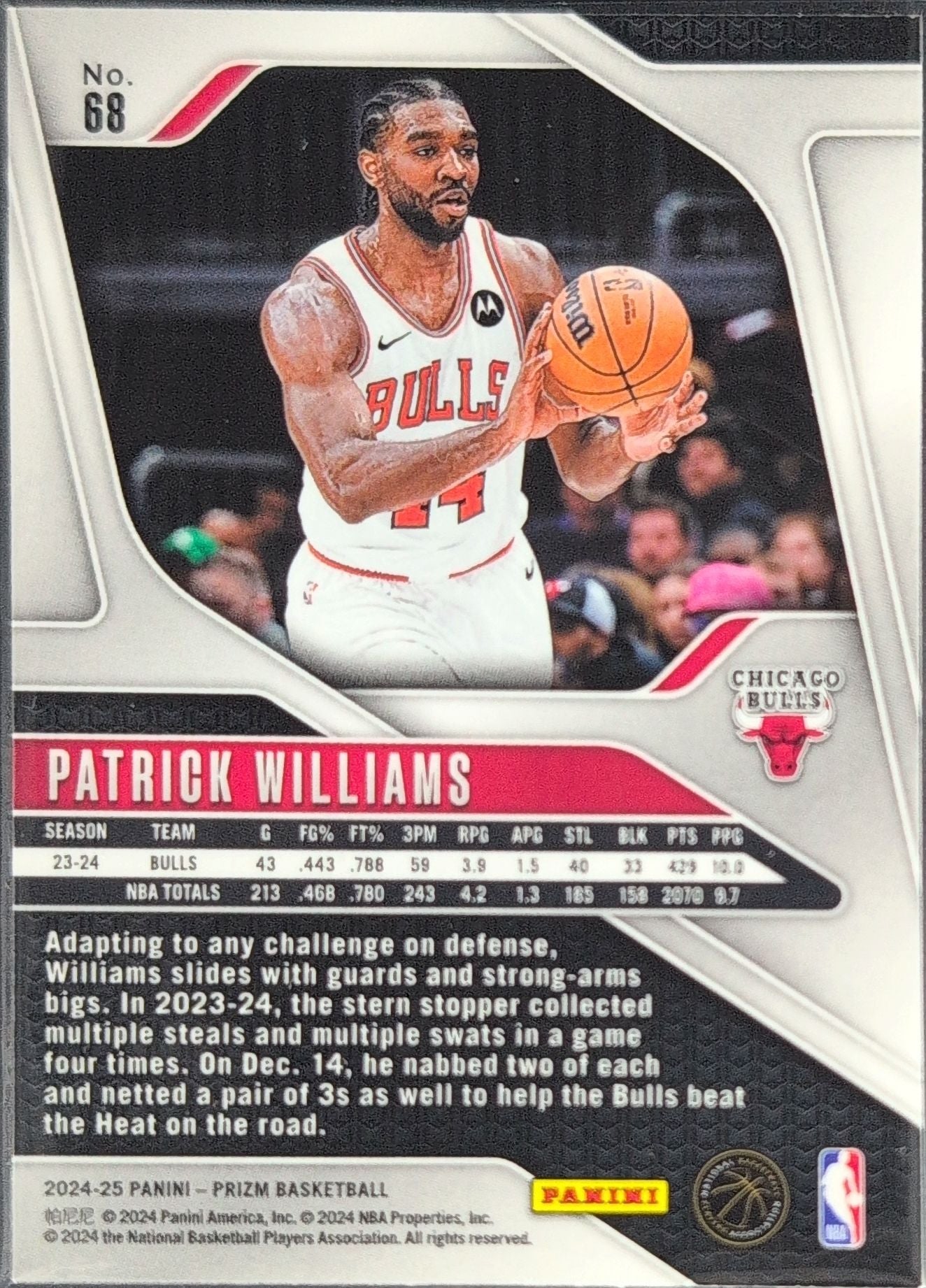 2024-25 Panini Prizm Patrick Williams #68 Chicago Bulls back