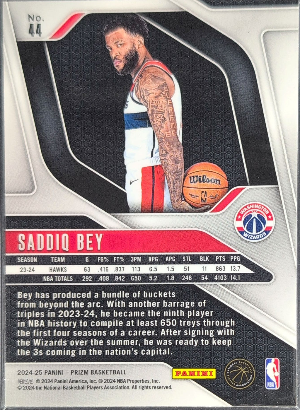 2024-25 Panini Prizm Saddiq Bey #44 Washington Wizards back