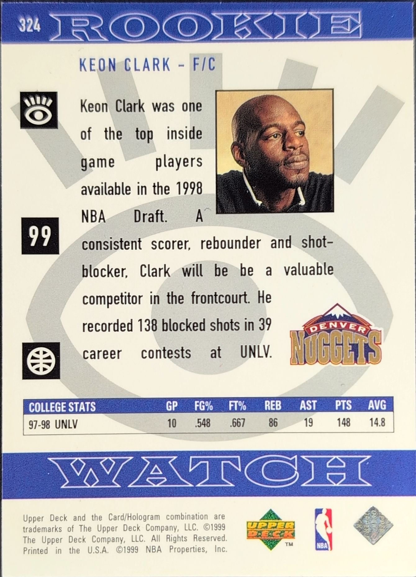 1998-99 Upper Deck Keon Clark #324 RC Denver Nuggets back
