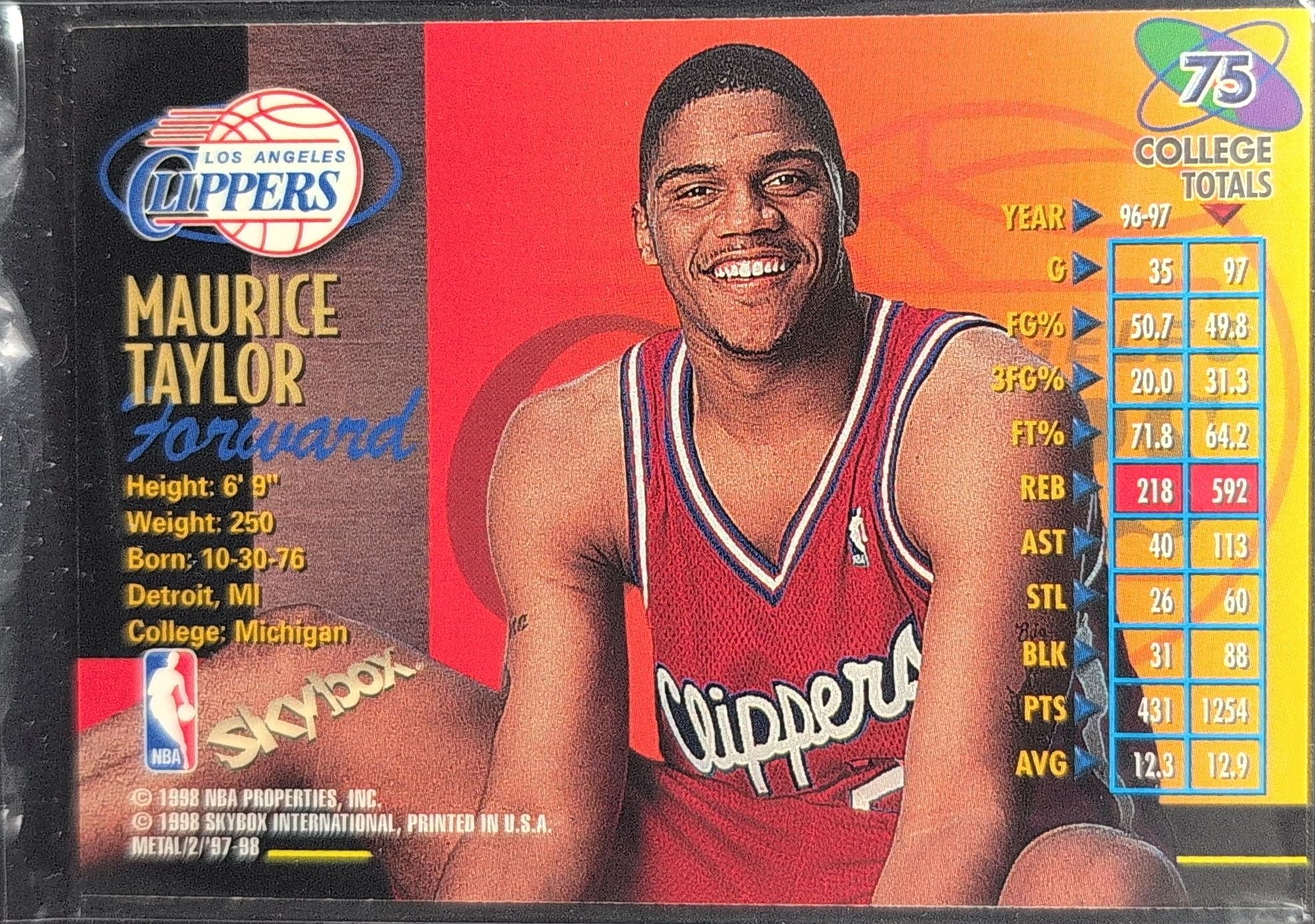 1997-98 Metal Universe Championship Maurice Taylor #75 RC Los Angeles Clippers back