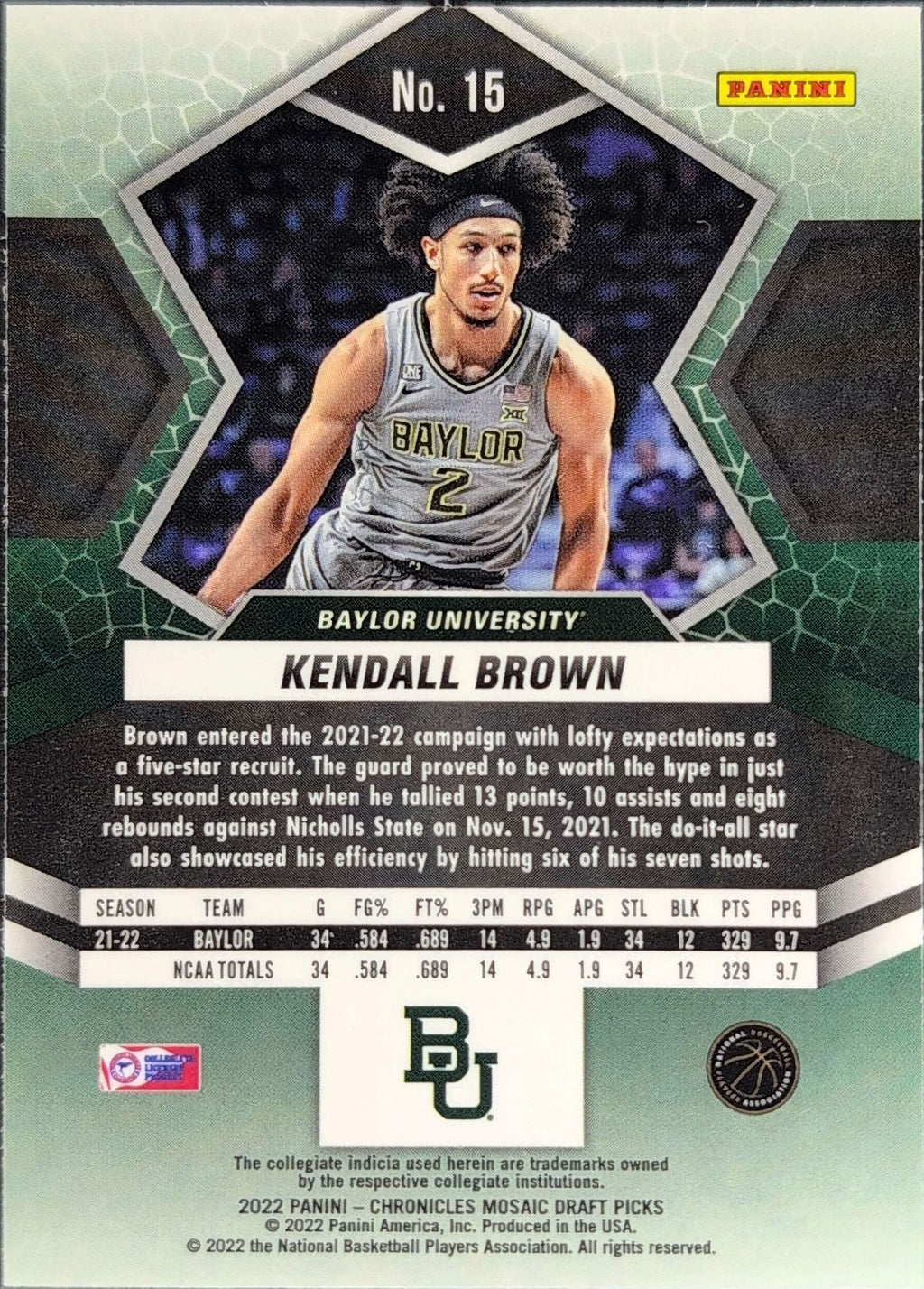 2022 Panini Chronicles Draft Picks Kendall Brown #15 Mosaic Baylor Bears back