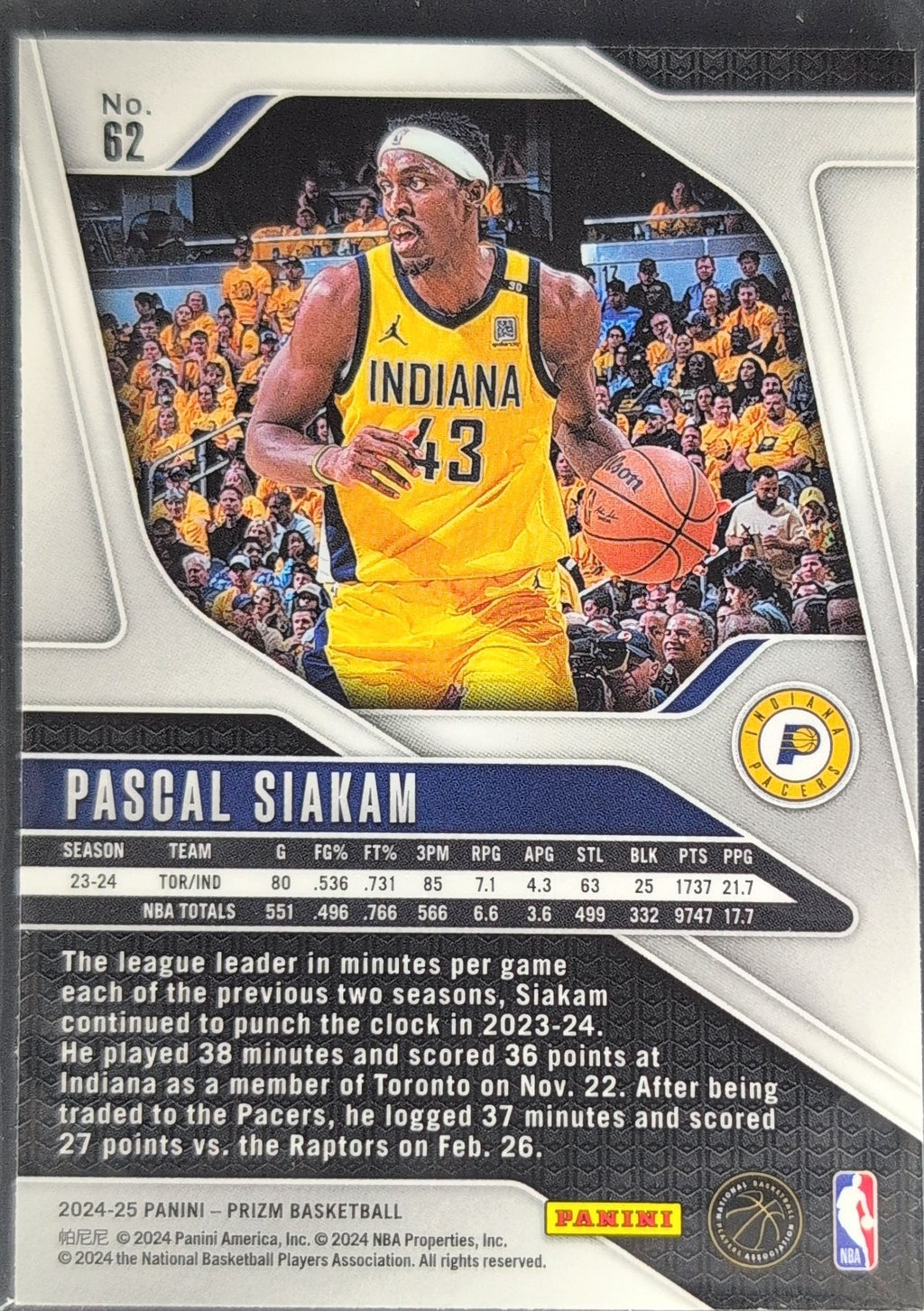 2024-25 Panini Prizm Pascal Siakam #62 Indiana Pacers back