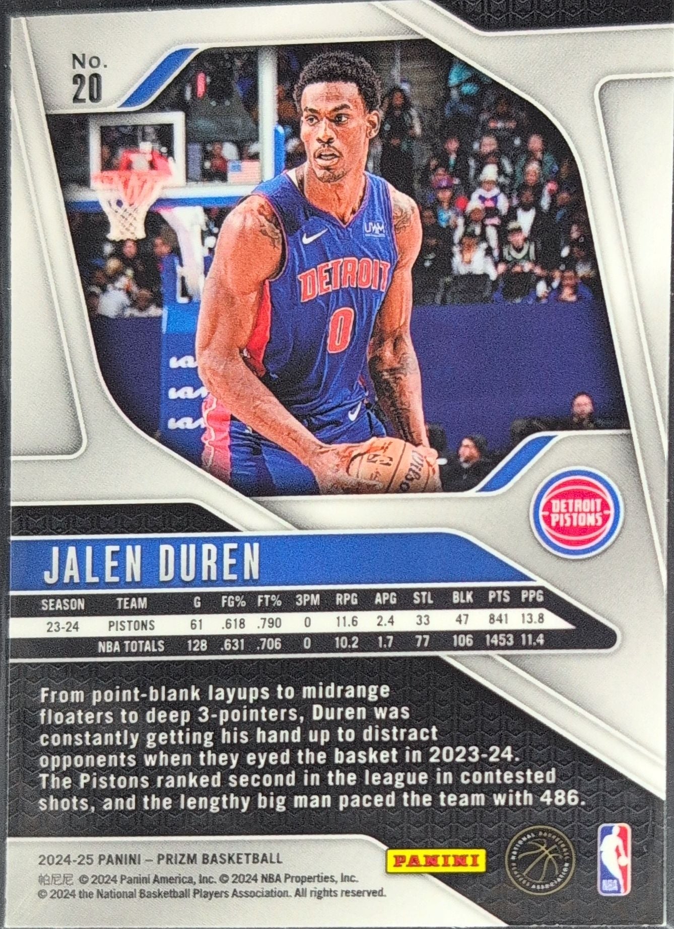 2024-25 Panini Prizm Jalen Duren #20 Detroit Pistons back