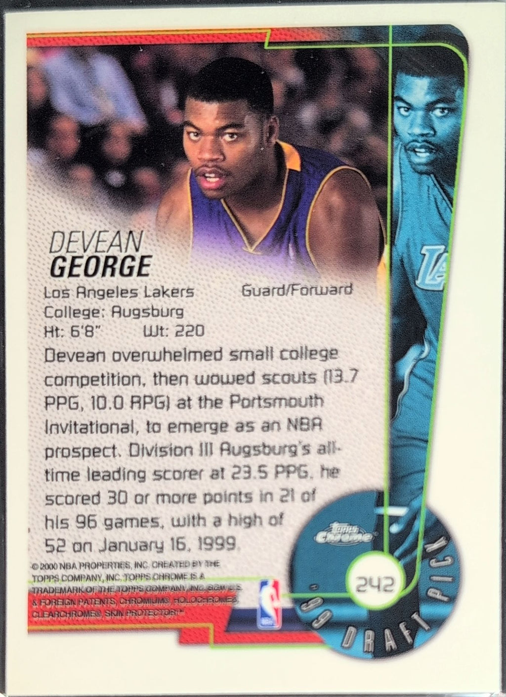 1999-00 Topps Devean George #242 RC Los Angeles Lakers back