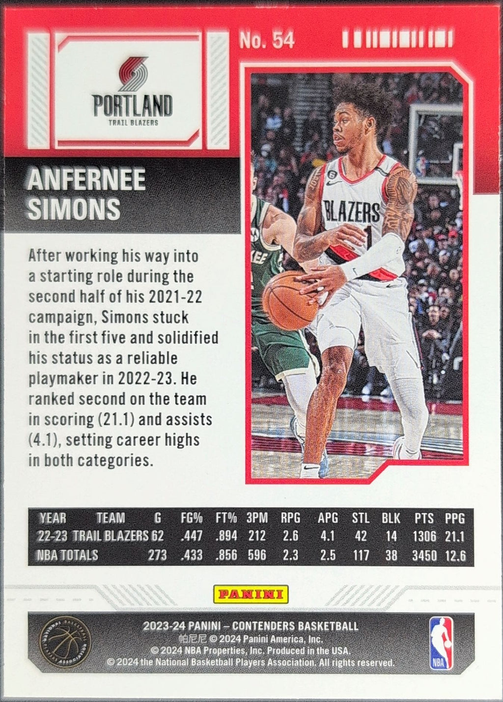 2023-24 Panini Contenders Anfernee Simons #54 Season Ticket Retail Portland Trail Blazers back