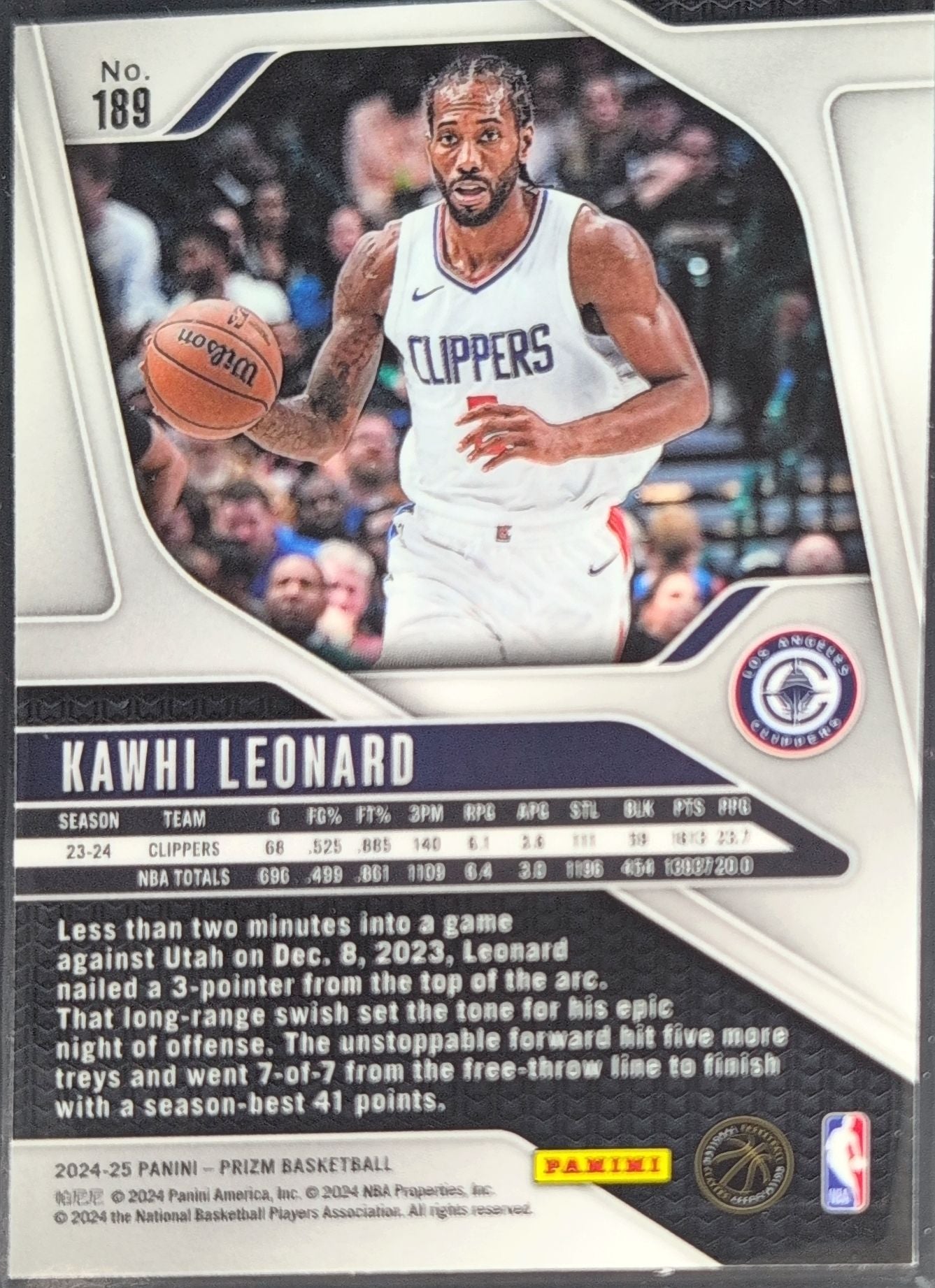 2024-25 Panini Prizm Kawhi Leonard #189 Los Angeles Clippers back