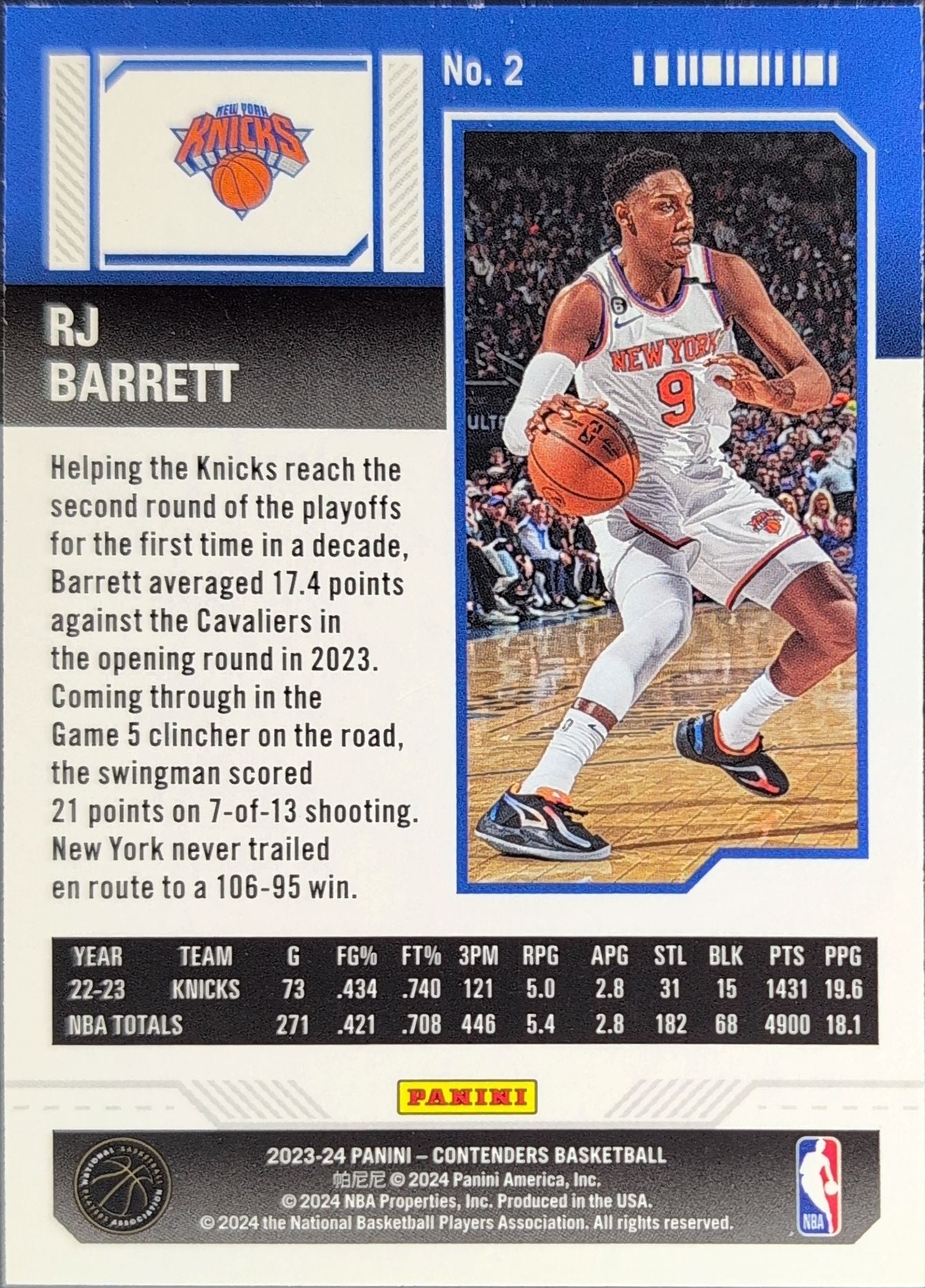 RJ Barrett 2023-24 Panini Contenders #2 Season Ticket Retail New York Knicks