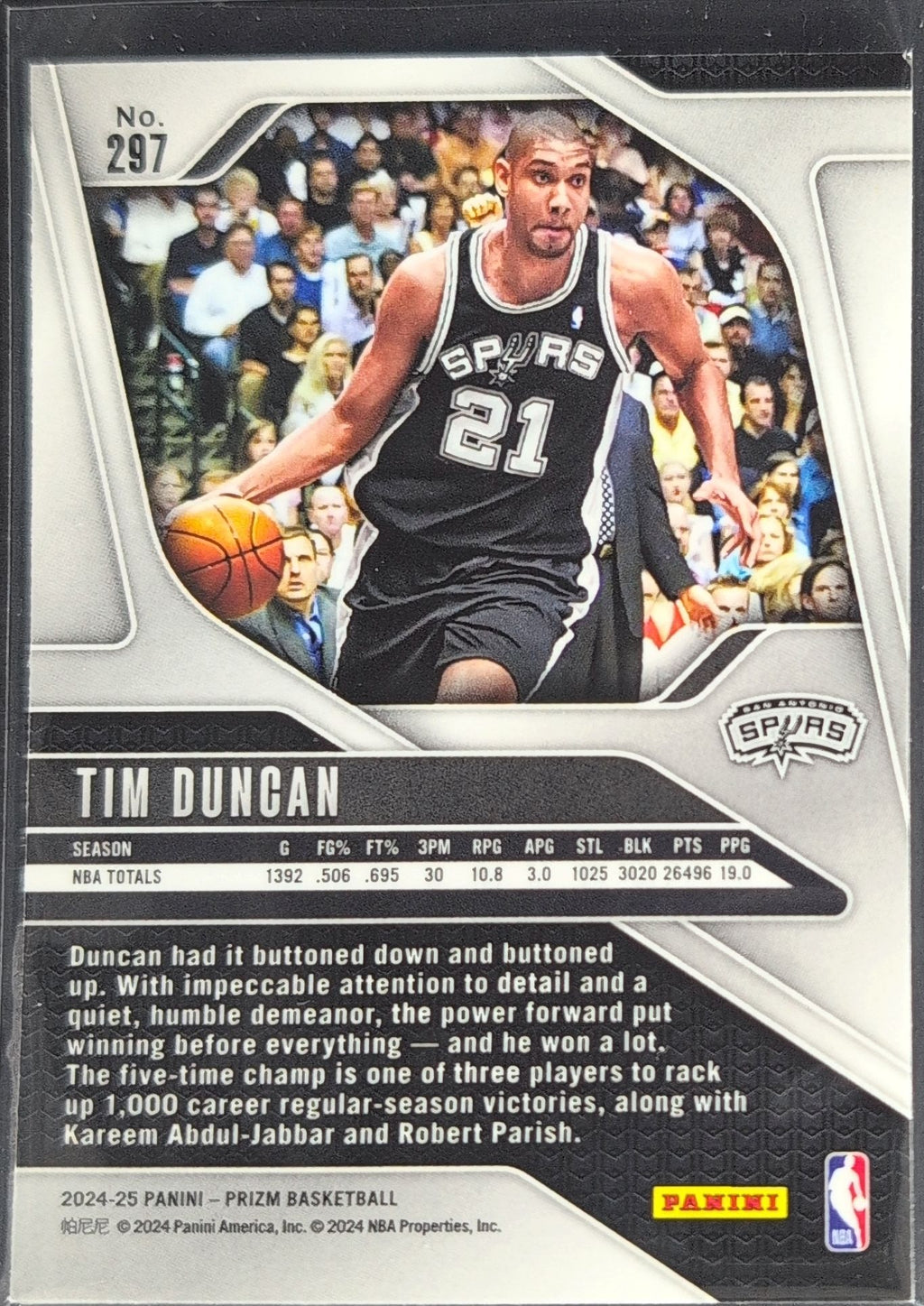 2024-25 Panini Prizm Tim Duncan #297 Prizms Silver San Antonio Spurs back
