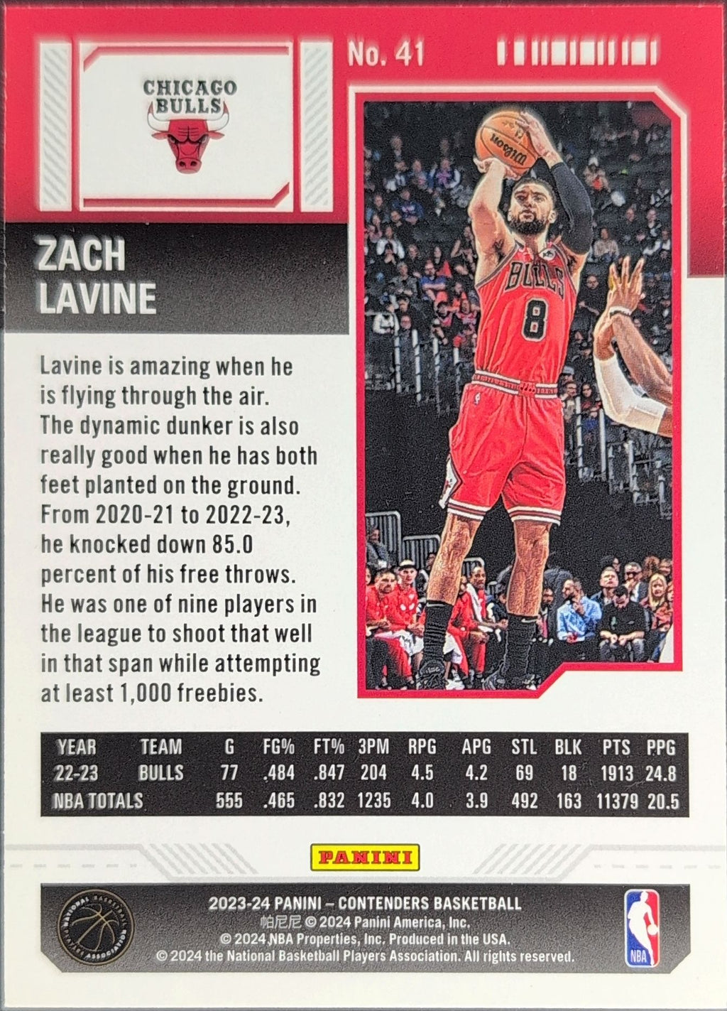2023-24 Panini Contenders Zach LaVine #41 Chicago Bulls back