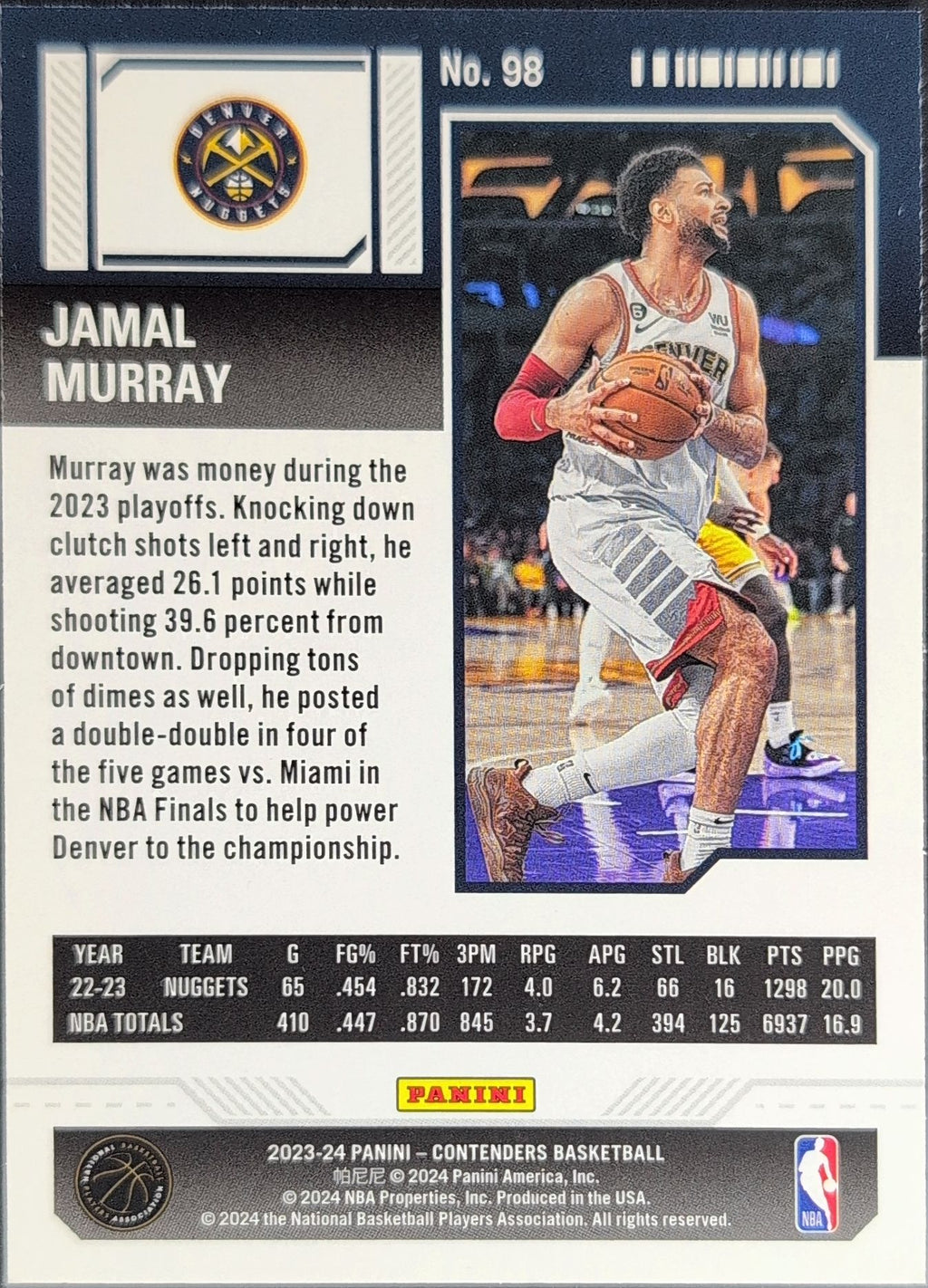 2023-24 Panini Contenders Jamal Murray #98 Denver Nuggets back