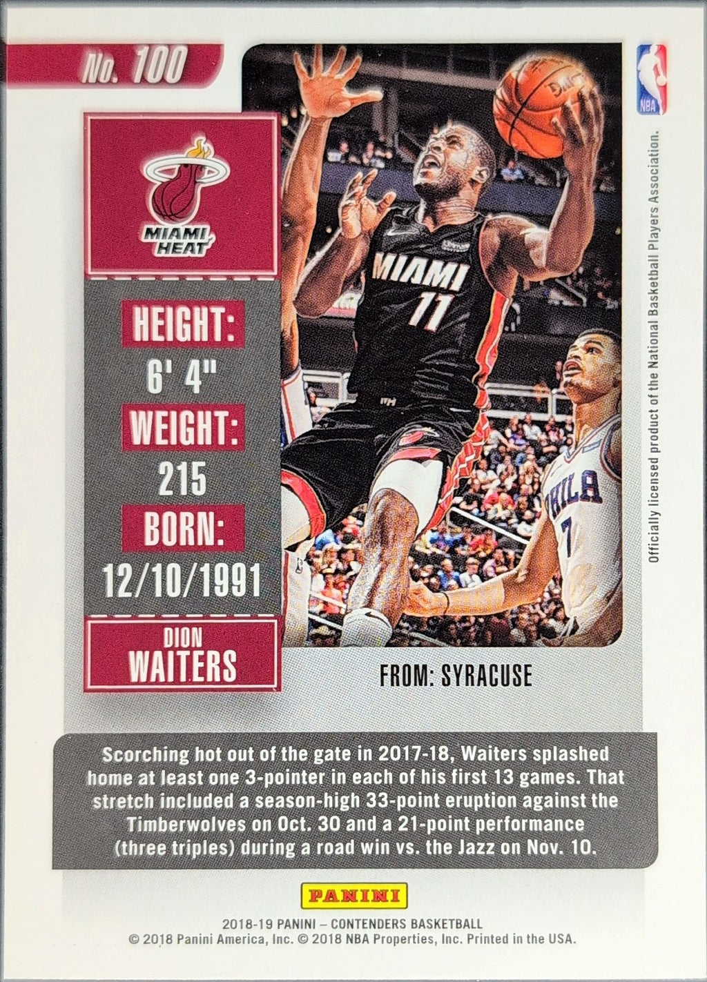 2018-19 Panini Contenders Dion Waiters #100 Miami Heat back