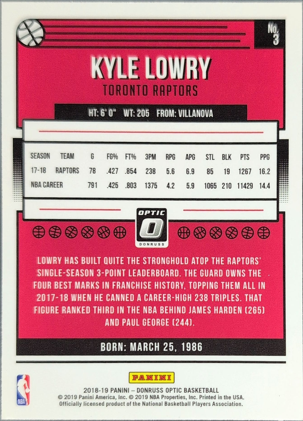 2018-19 Donruss Optic Kyle Lowry #3 Toronto Raptors back