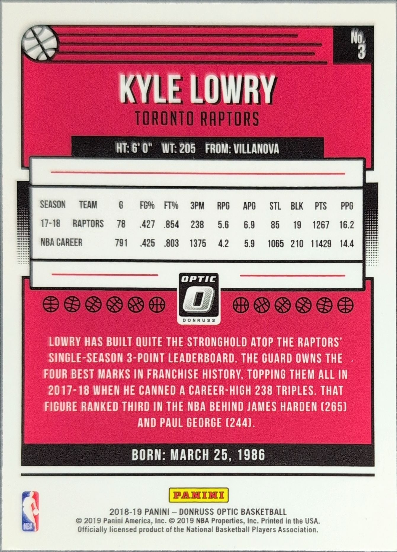 2018-19 Donruss Optic Kyle Lowry #3 Toronto Raptors back