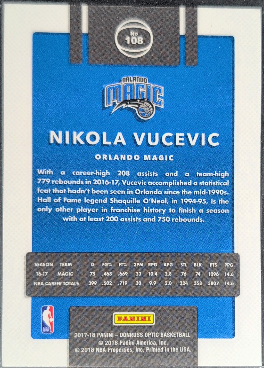 2017-18 Donruss Optic Nikola Vucevic #108 Orlando Magic back