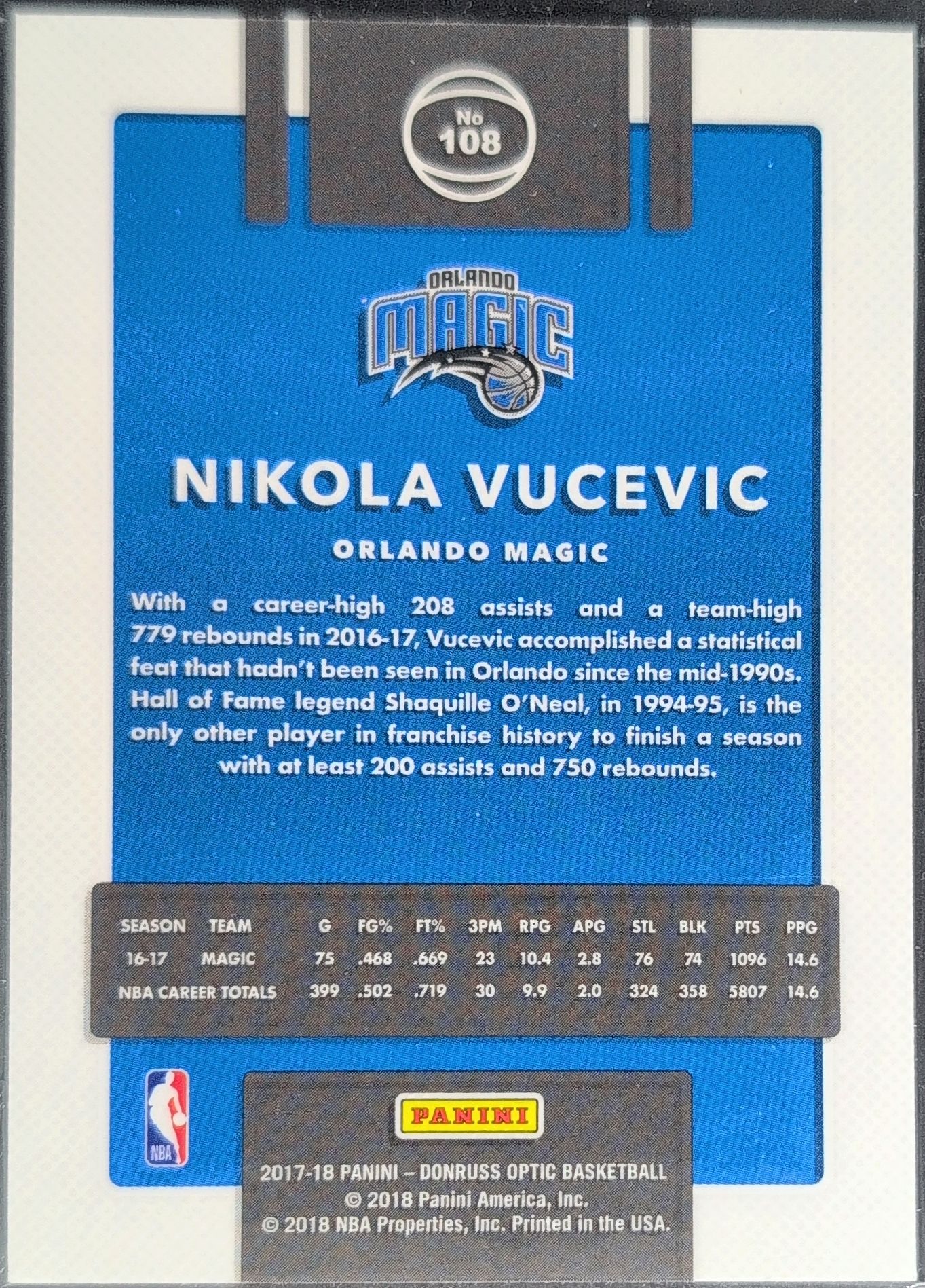 2017-18 Donruss Optic Nikola Vucevic #108 Orlando Magic back